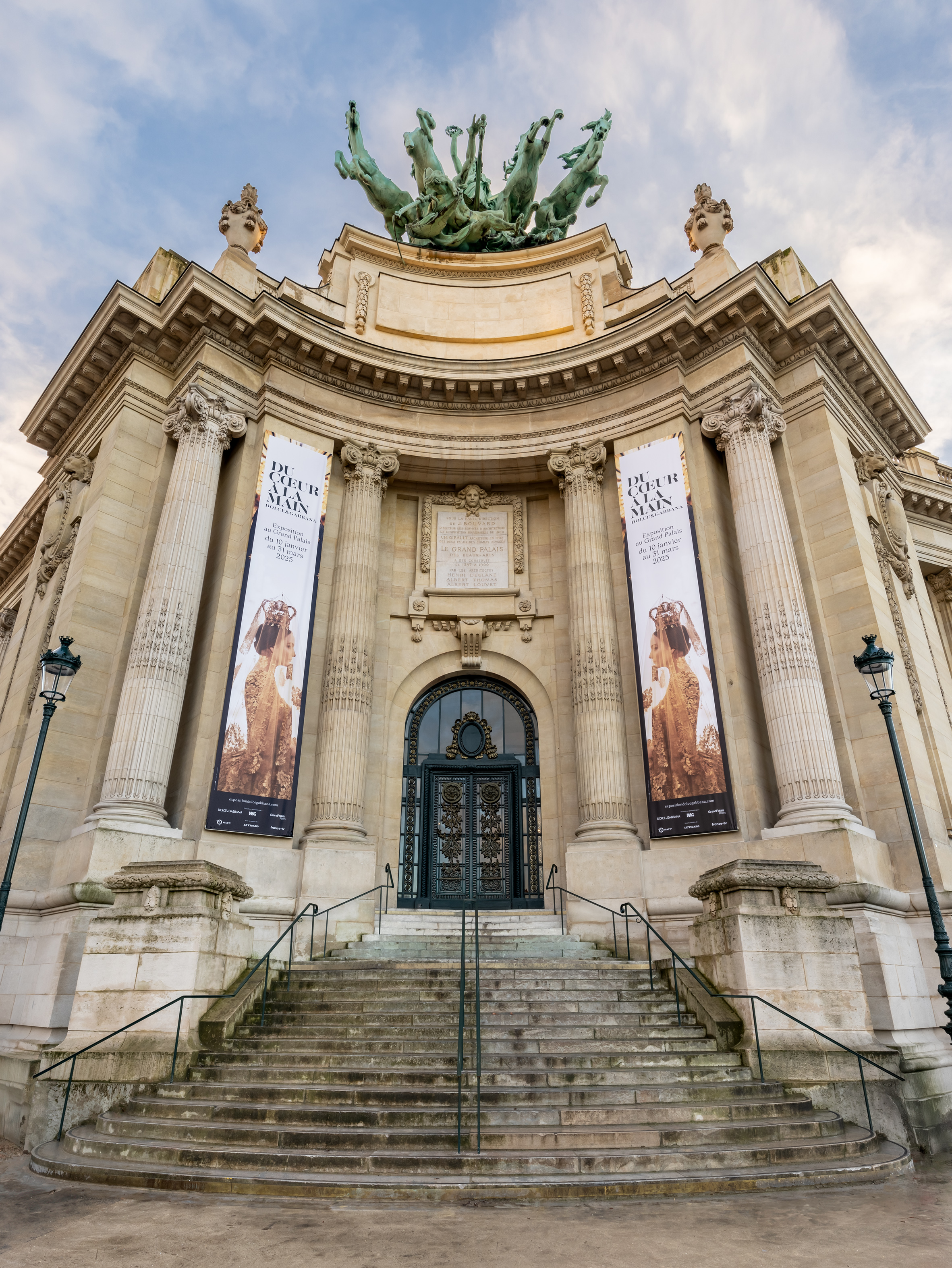 Entrance of the Grand Palais in Paris with banners for the Dolce&Gabbana archive exhibition Du Cœur à la Main in Paris, 2025.