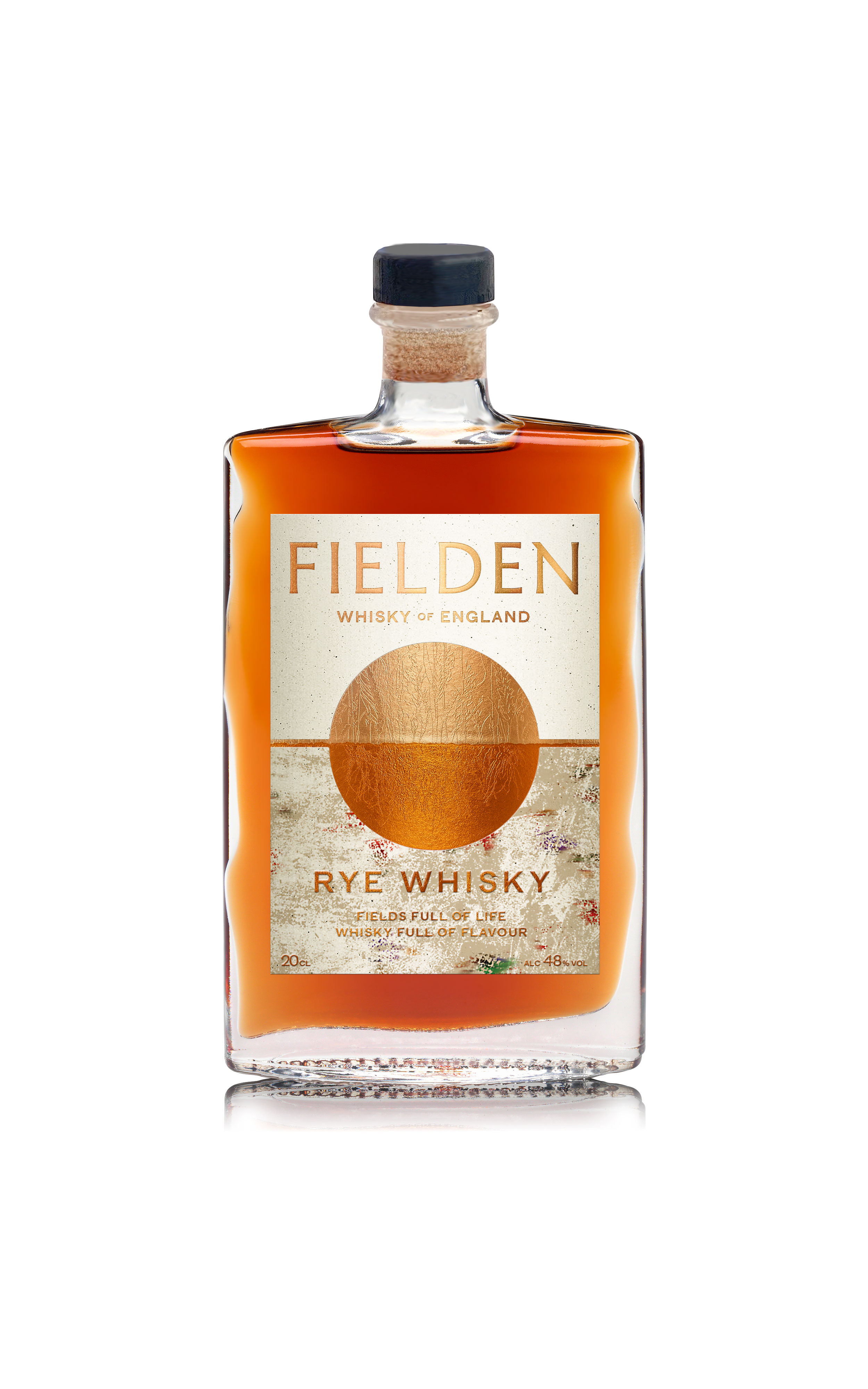 A square-shaped bottle of Fielden Rye Whisky.