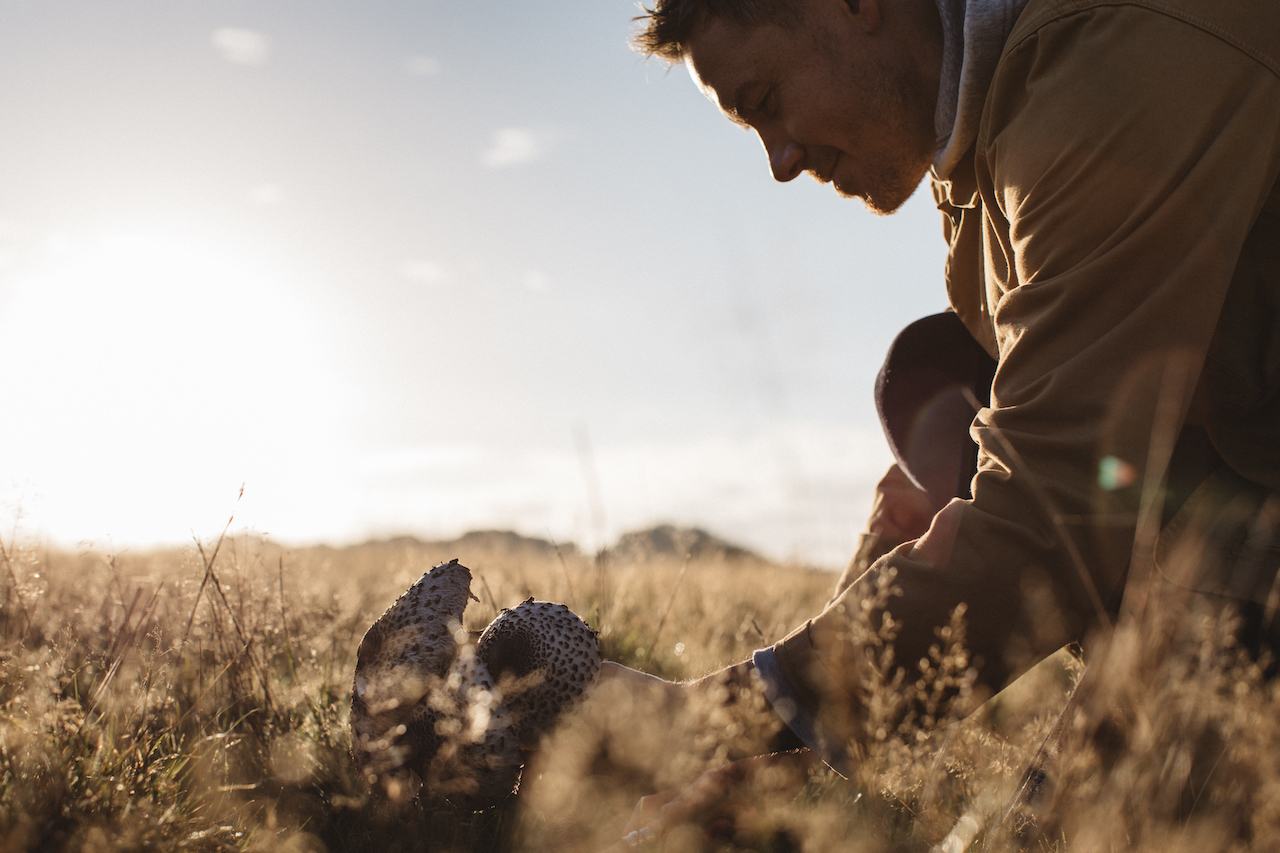 Nicholas Balfe, Chef Director of HOLM, kneeling in a field foraging mushrooms.