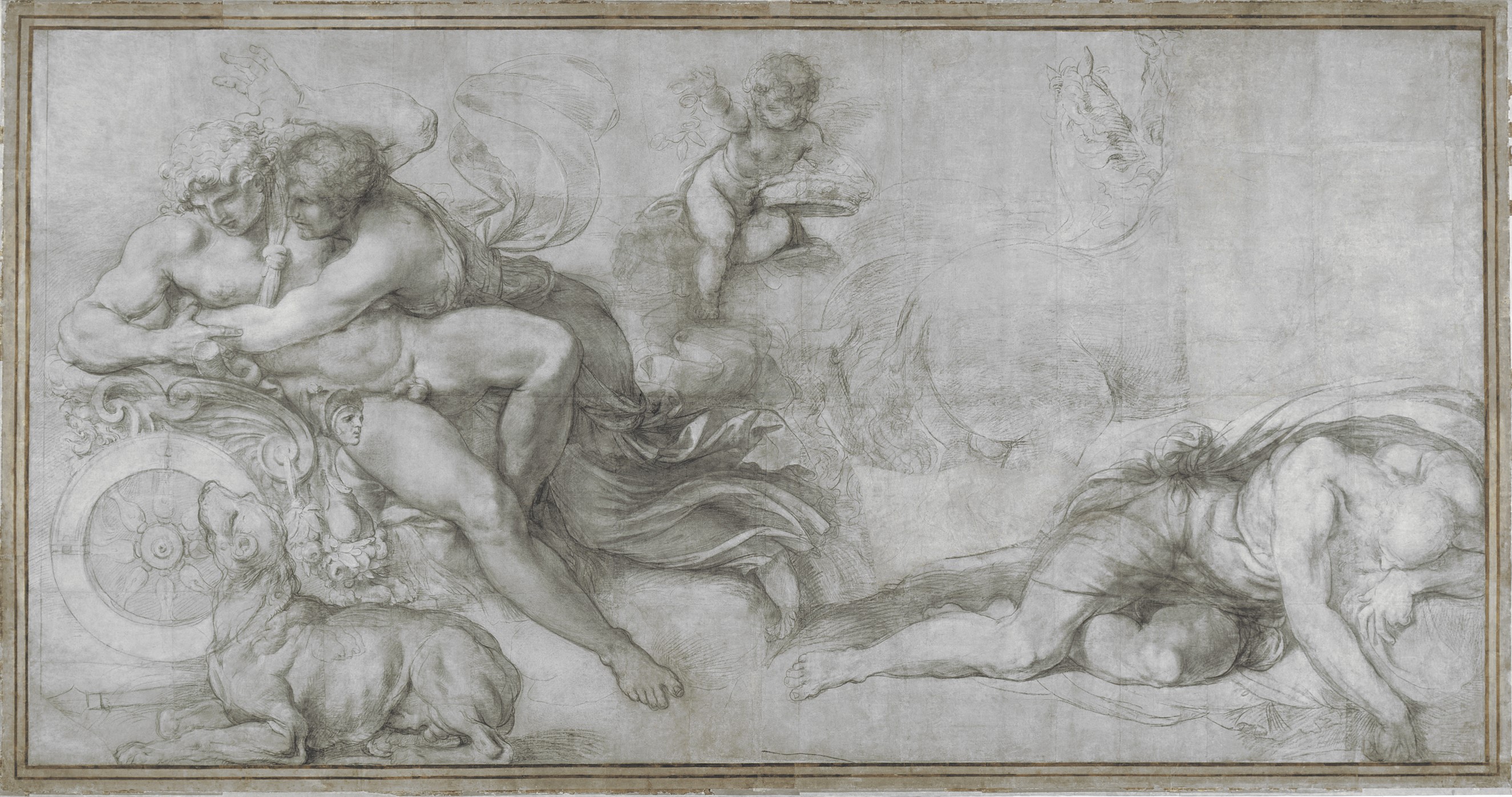 The Carracci Cartoons Myths in the Making at the National Gallery displaying a grey and white chalk drawing based on The Tale of Cephalus and Aurora