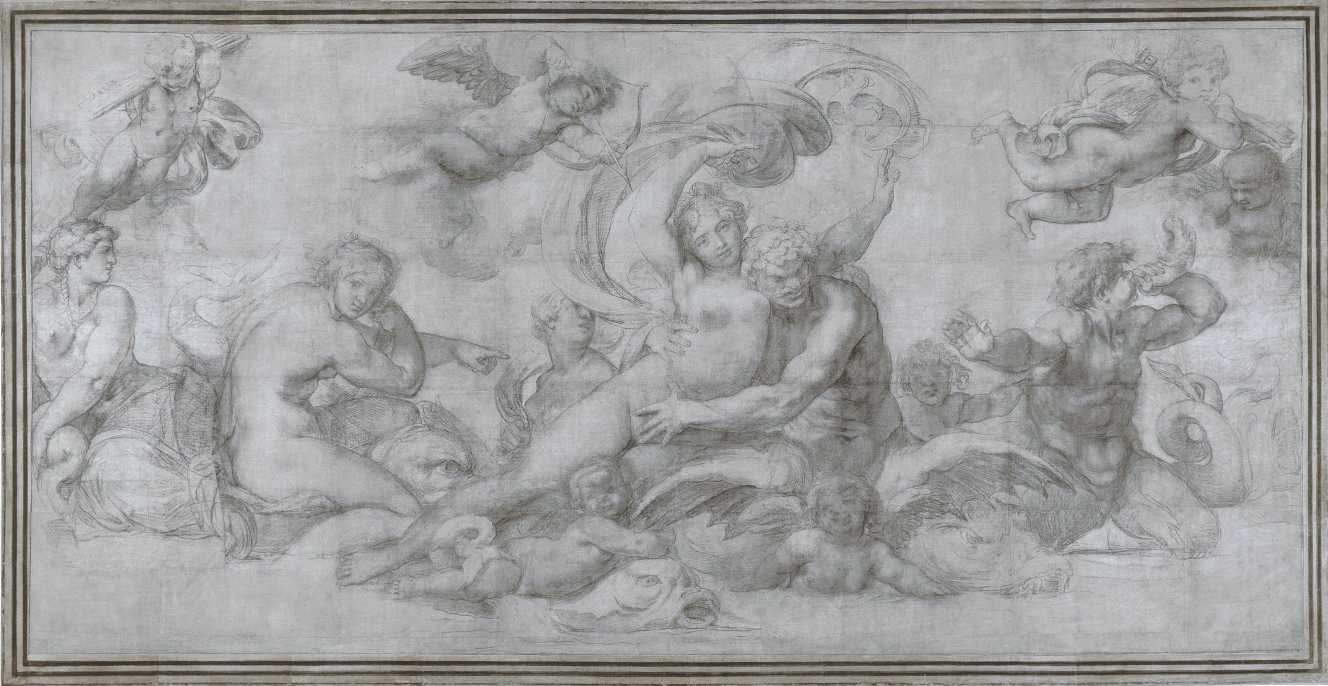 The Carracci Cartoons Myths in the Making at the National Gallery displaying a grey and white chalk drawing based with putti, a sea god, dolphins, sea nymphs, and various mythological marine creatures