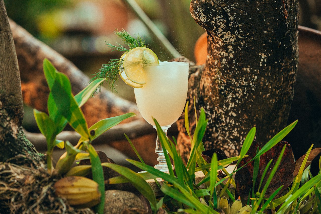 An Oaxacan Spritz garnished with lemon. Made using the sustainable spirit, The Lost Explorer.