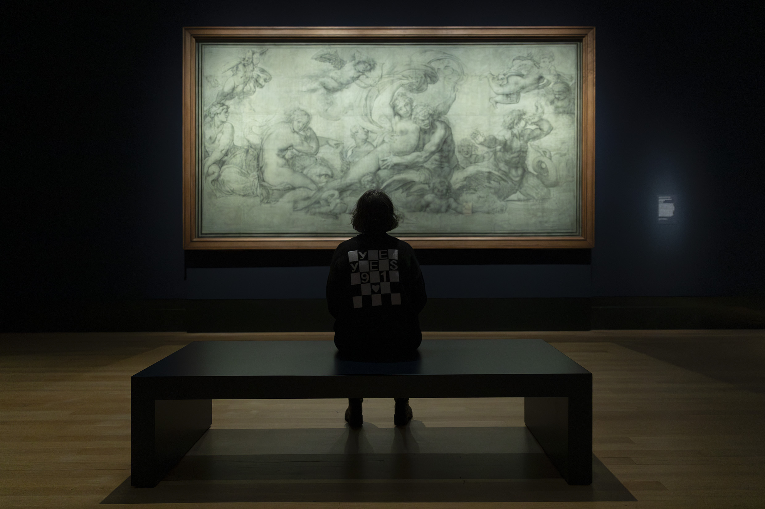 A person sat on a bench at The National Gallery admiring The Carracci Cartoons.
