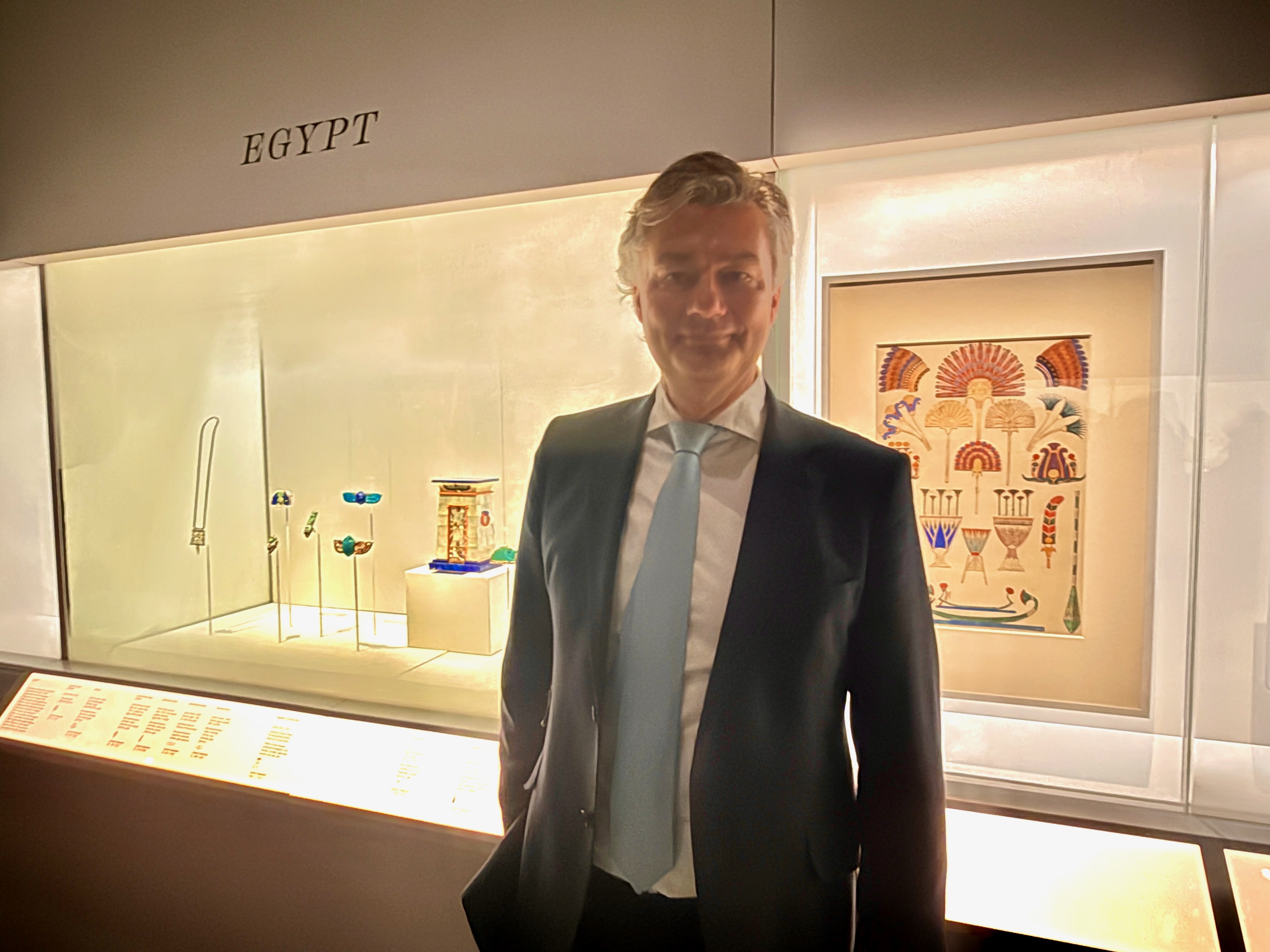 Laurent Feniou in front of the Egypt display at the Cartier exhibition at the V&A.