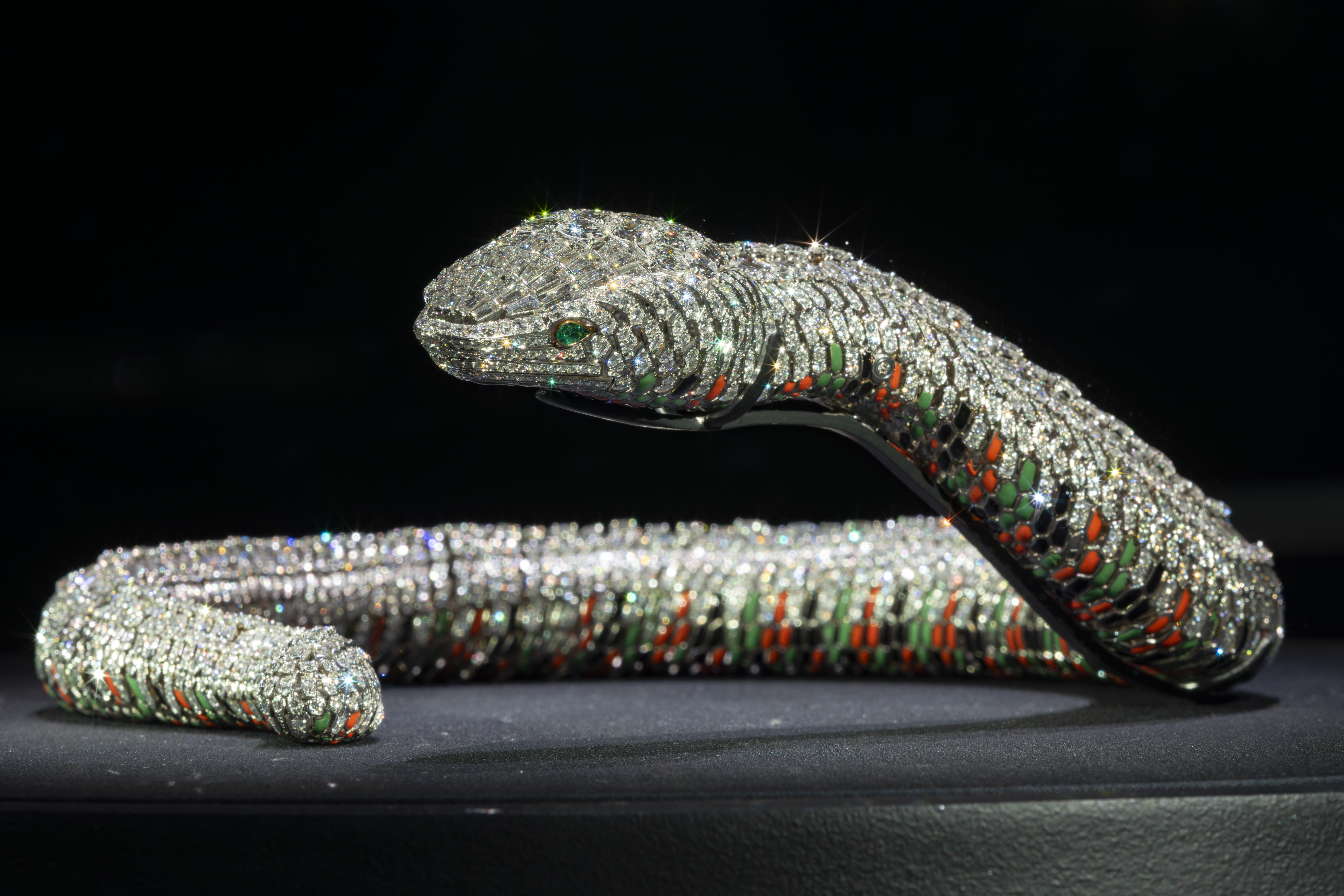 A Cartier jewel-encrusted snake necklace on display at the V&A.