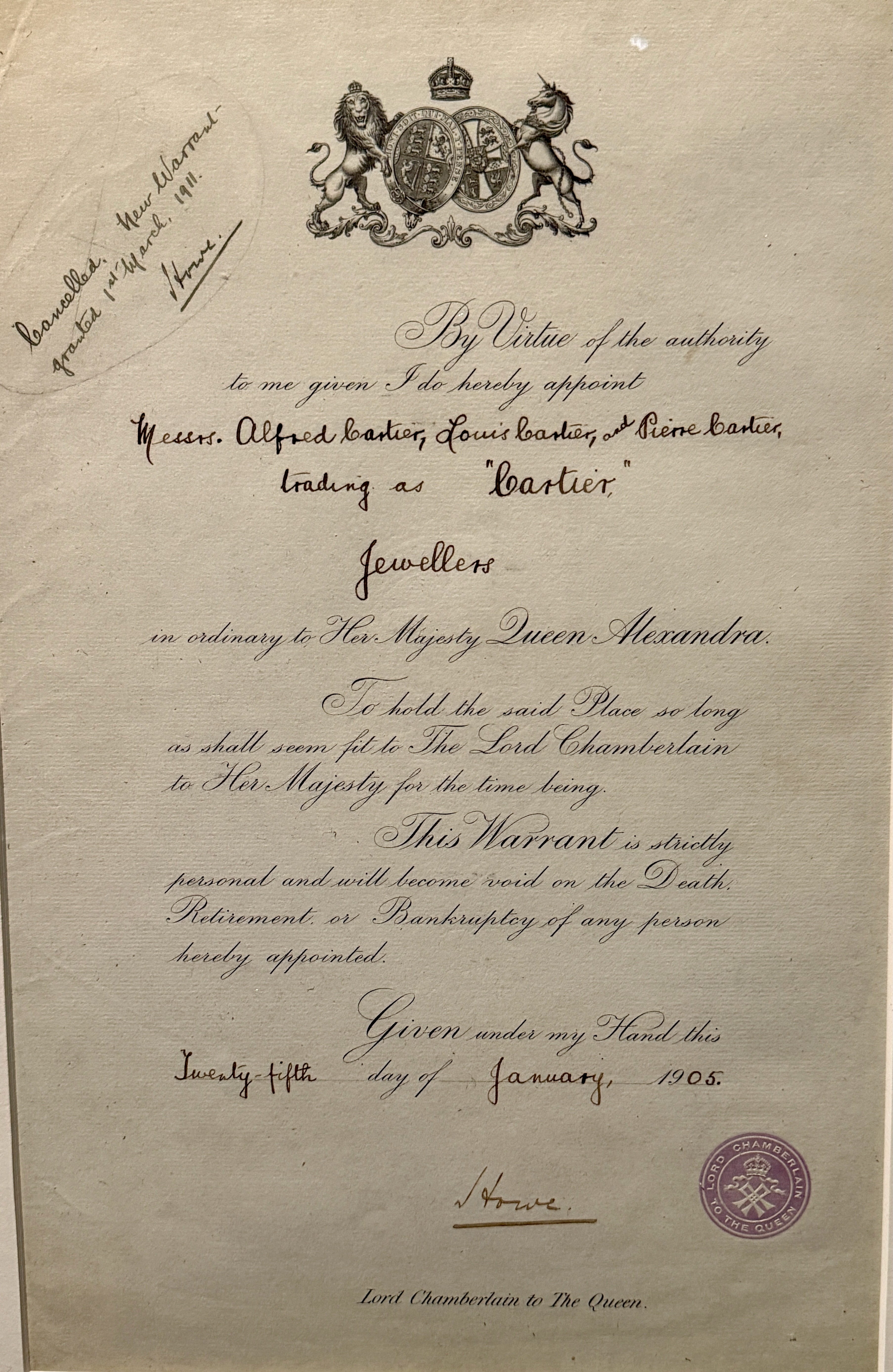 A letter informing Cartier of their Royal Warrant on display at the V&A.