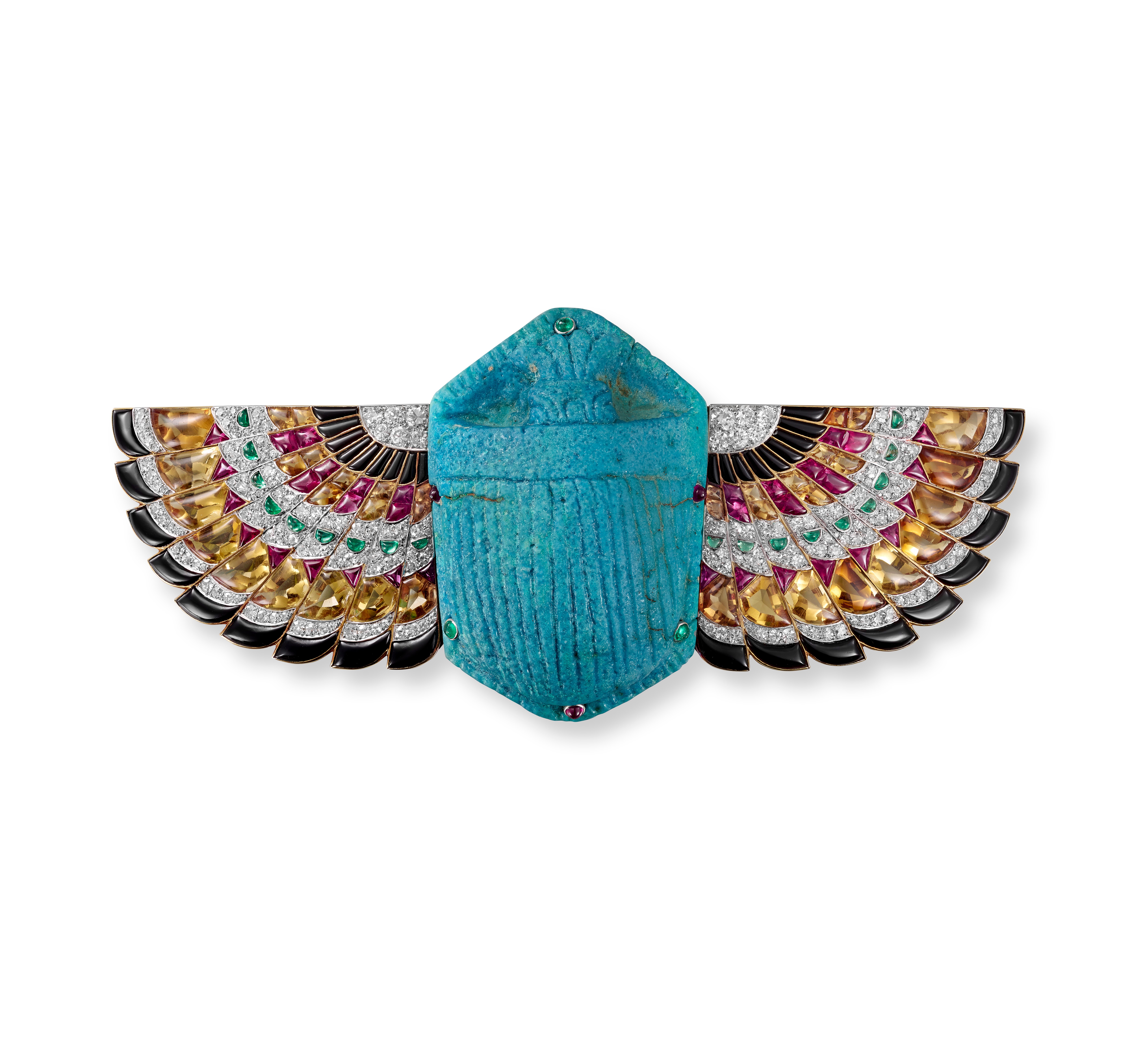Scarab Brooch with a turquoise centre and multi-coloured wings either side, displayed at Cartier V&A.