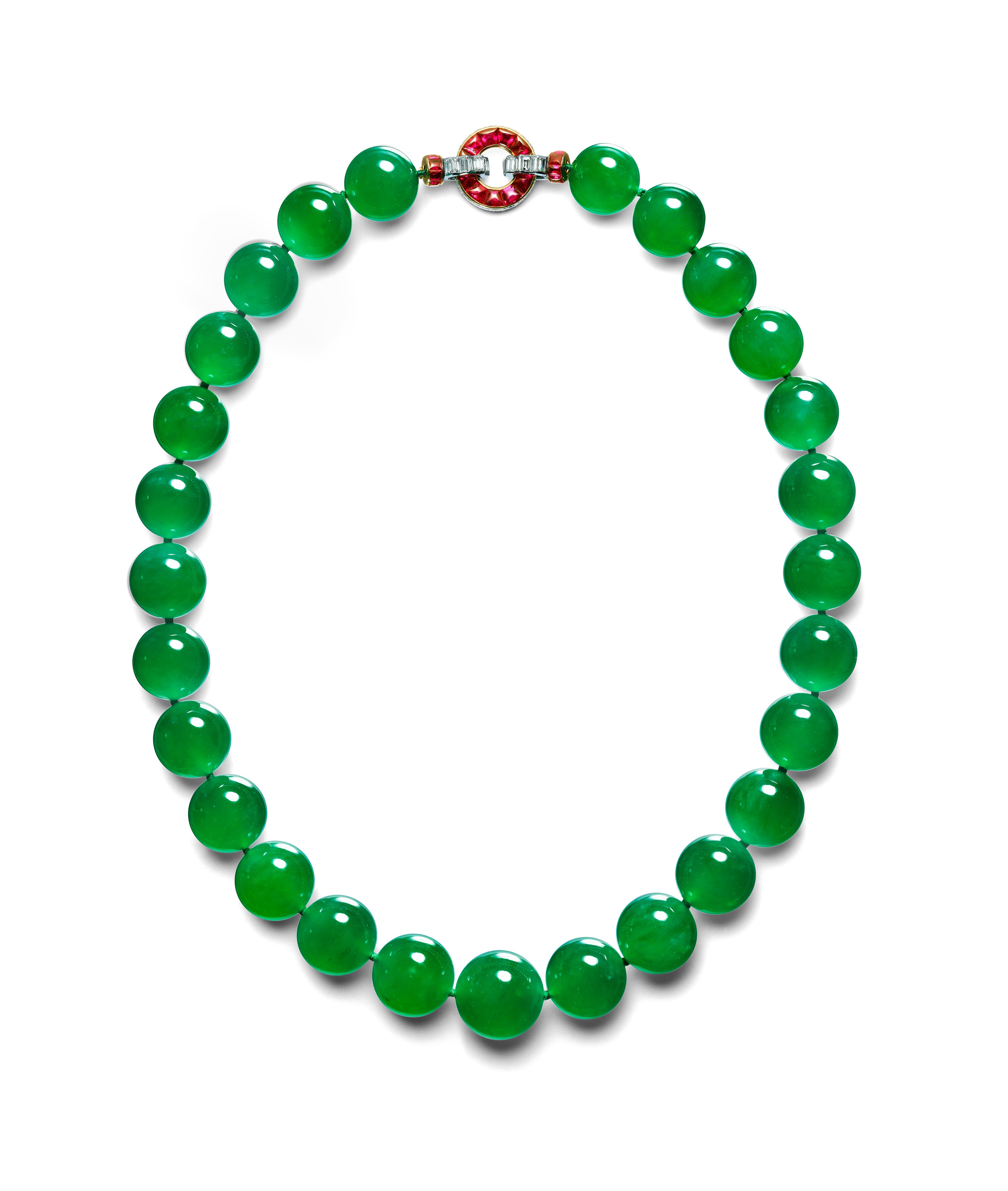 Burmese Jade necklace with a ring of rubies, displayed at Cartier at the V&A.