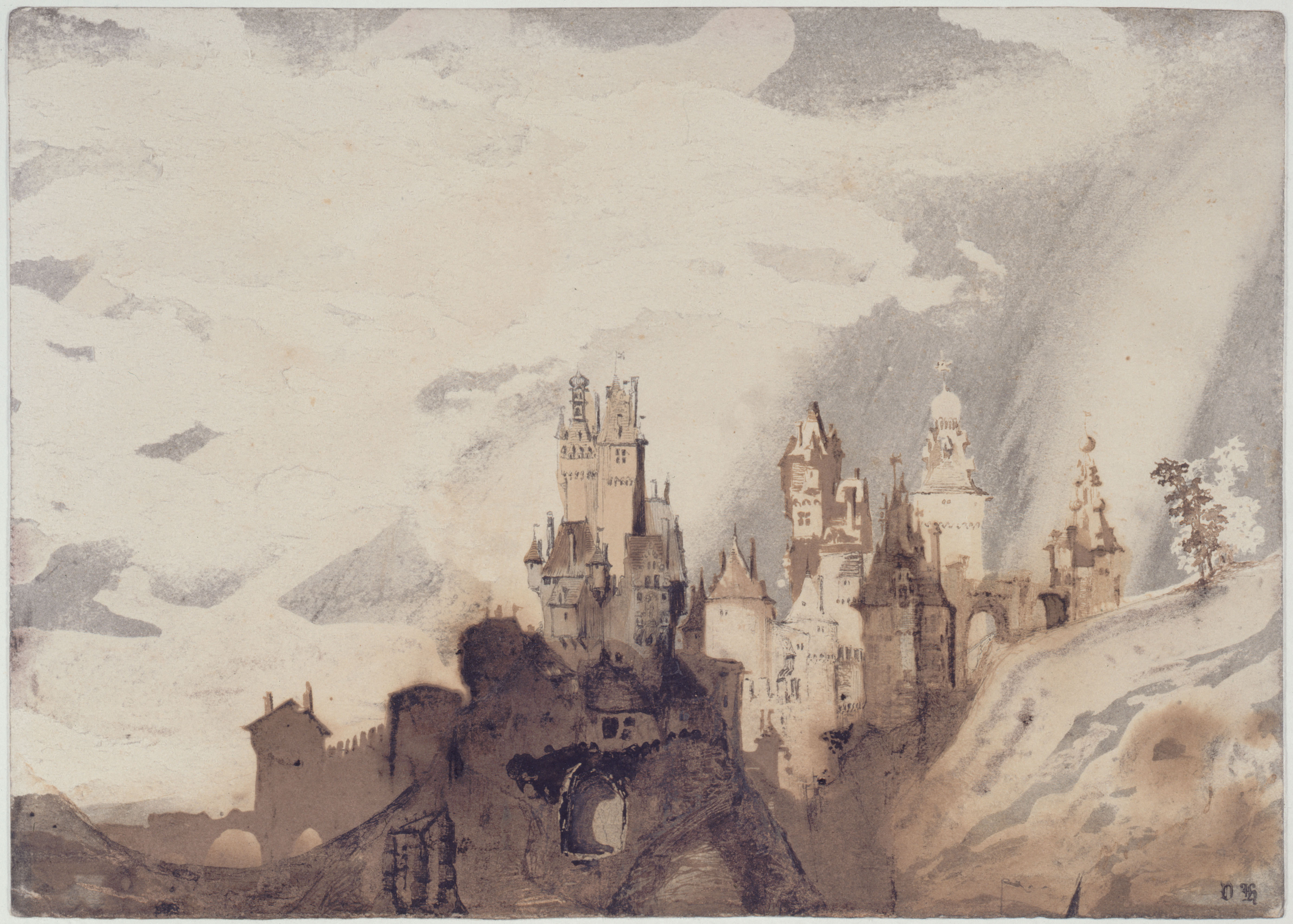 A landscape drawing of a brown castle amid a light grey and blue wash by Victor Hugo at the Royal Academy of Arts