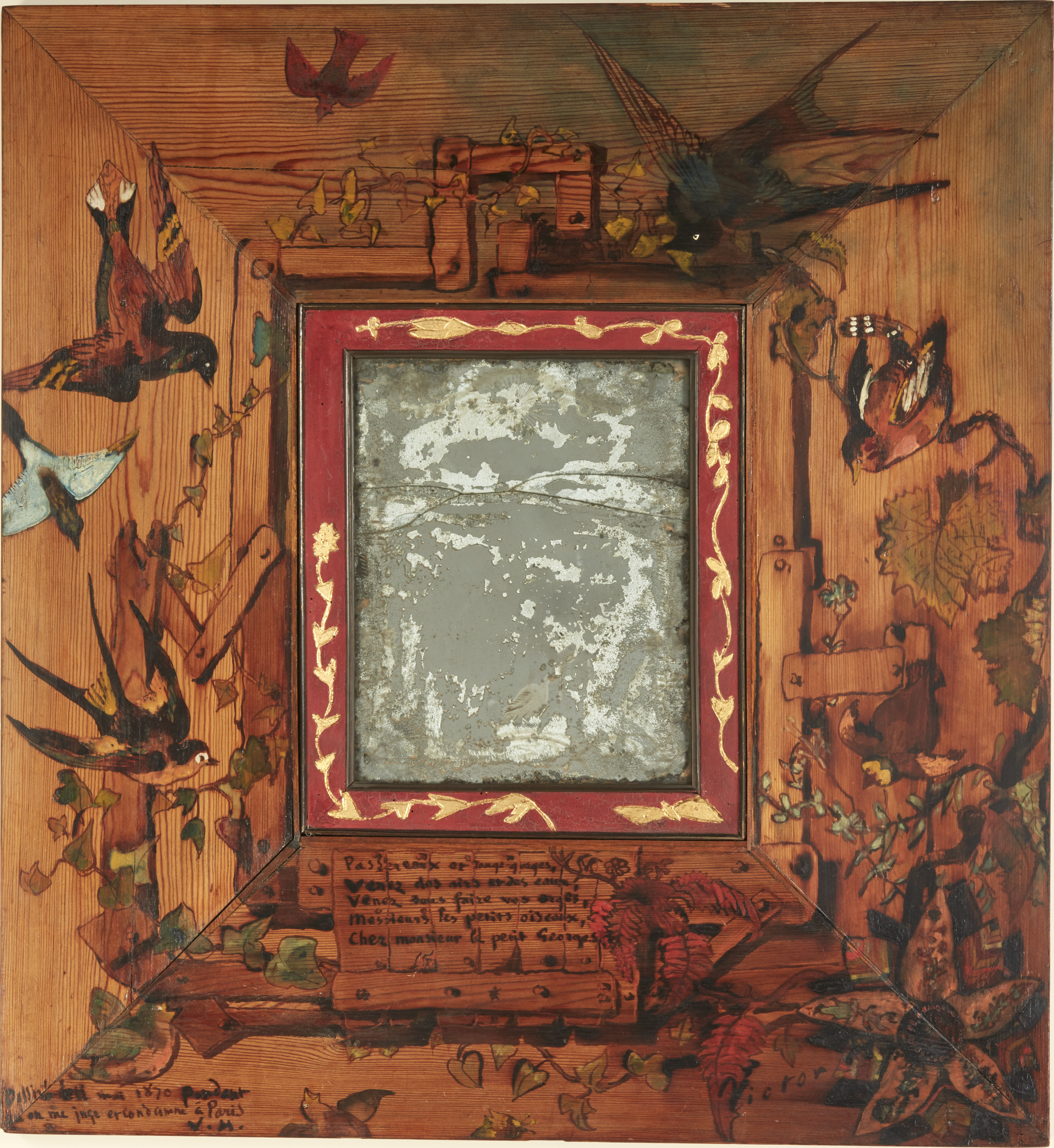 Drawings of Victor Hugo at the Royal Academy displaying a drawing of red frame mirror surrounded by colourful birds 