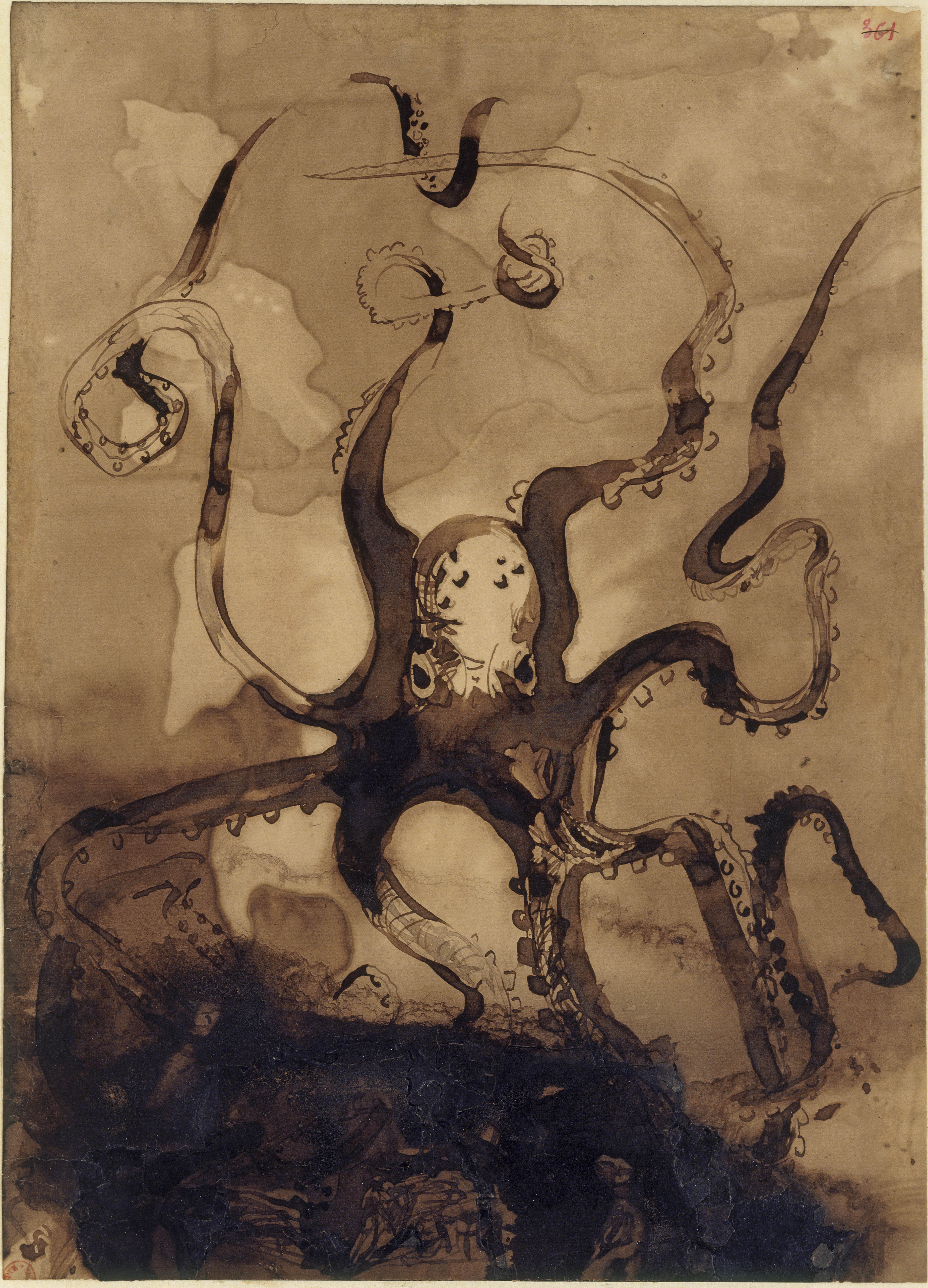 A drawing of a black octopus by Victor Hugo at the Royal Academy of Arts