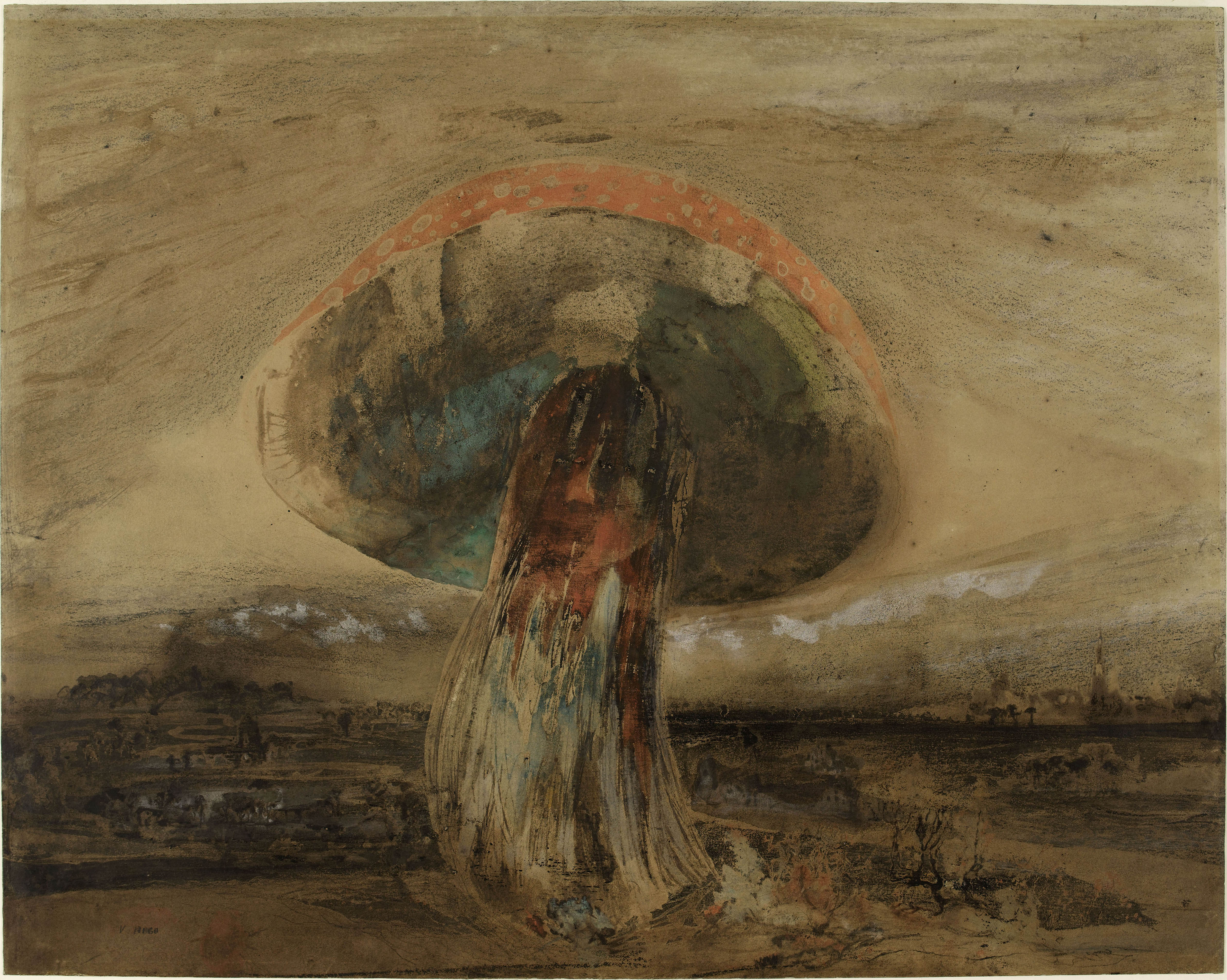 Mushroom by Victor Hugo in pen, brown ink and wash with green, red and white crayon