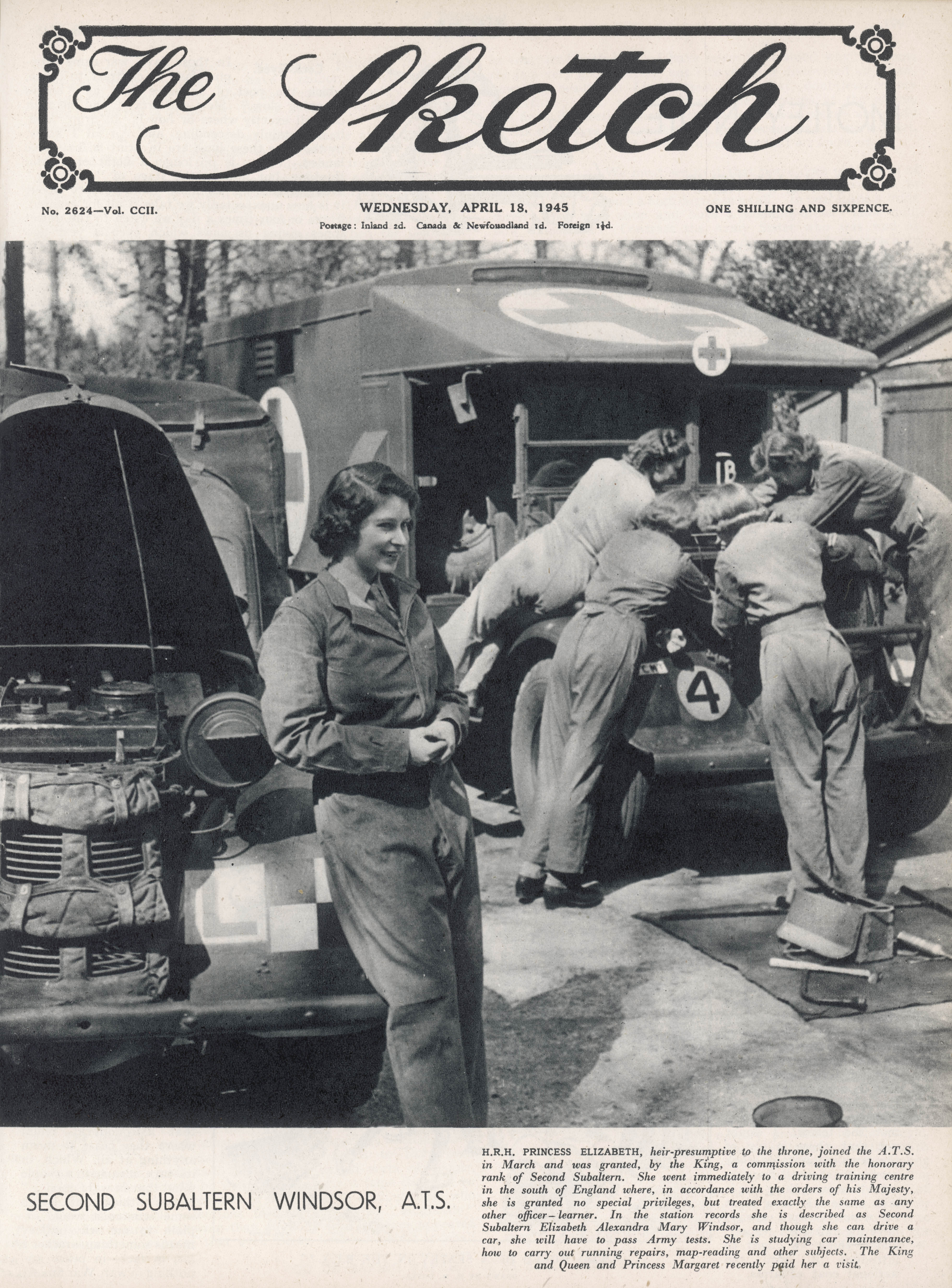 An cover from The Sketch showing Princess Elizabeth during her training as a mechanic in 1945.