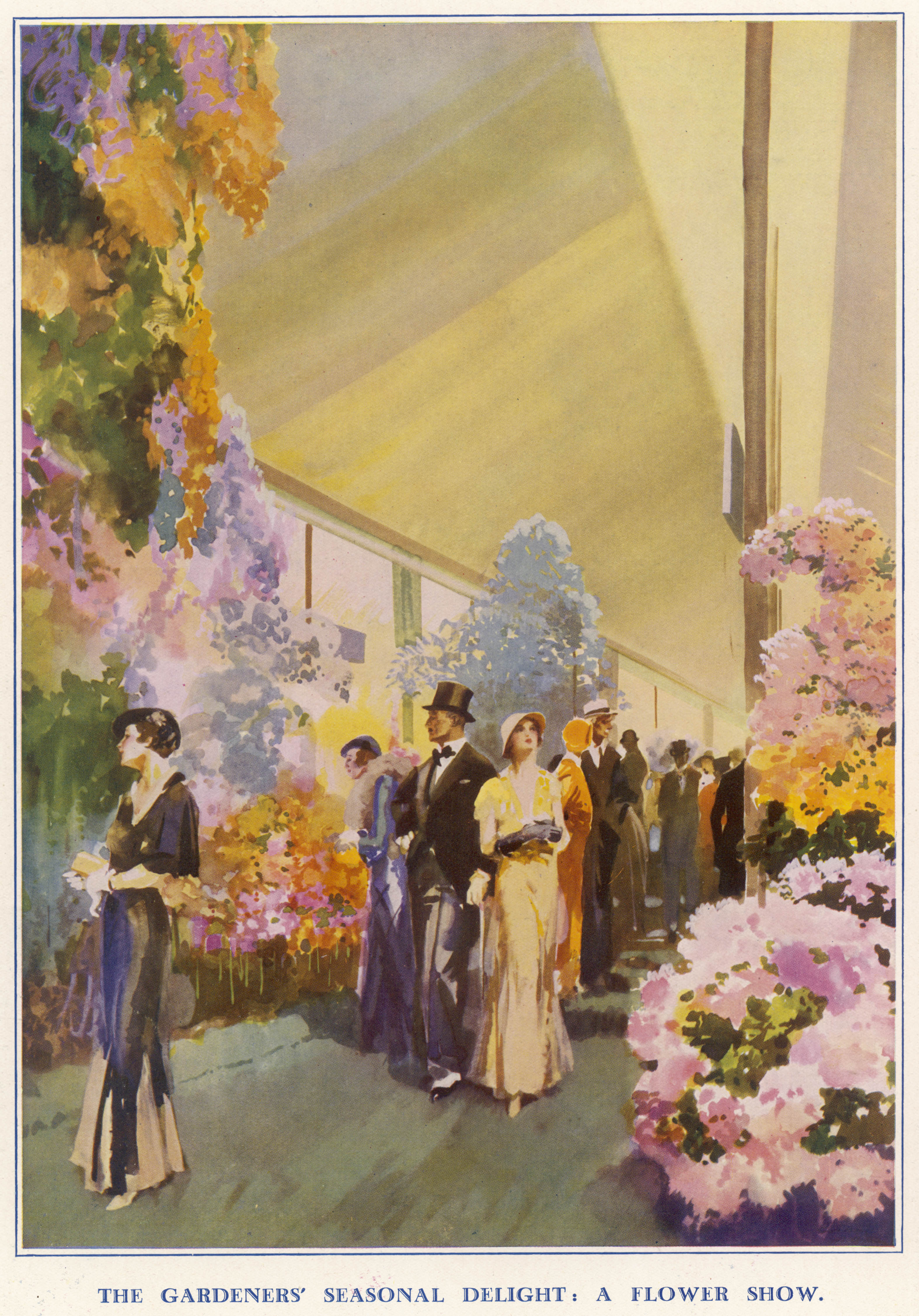 An illustration by Gordon Nicoll in The Sketch of visitors at the Chelsea Flower Show in 1932.