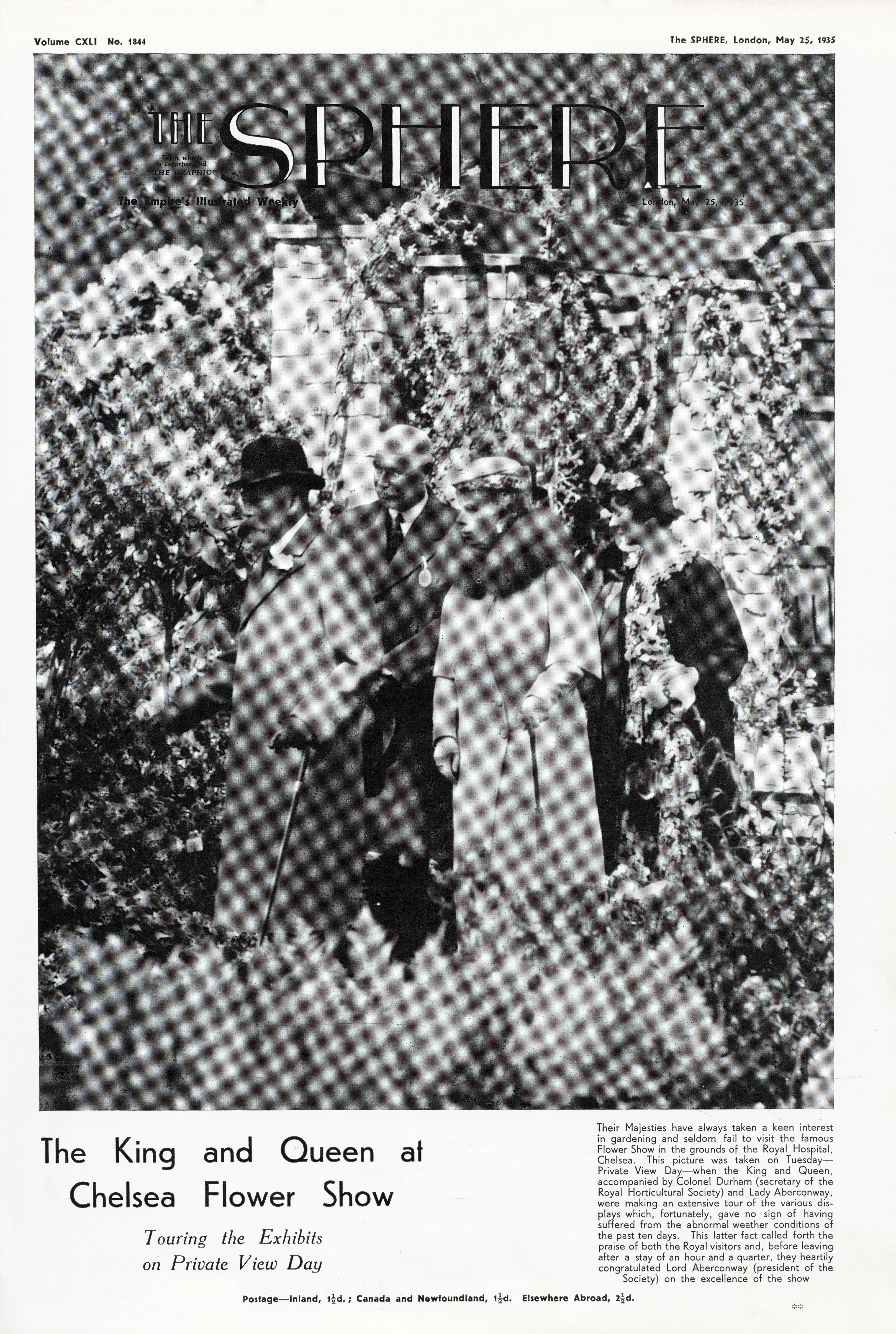 A 1935 cover of The Sphere displaying the Royal History of the Chelsea Flower Show, with King George V and Queen Mary at the show.