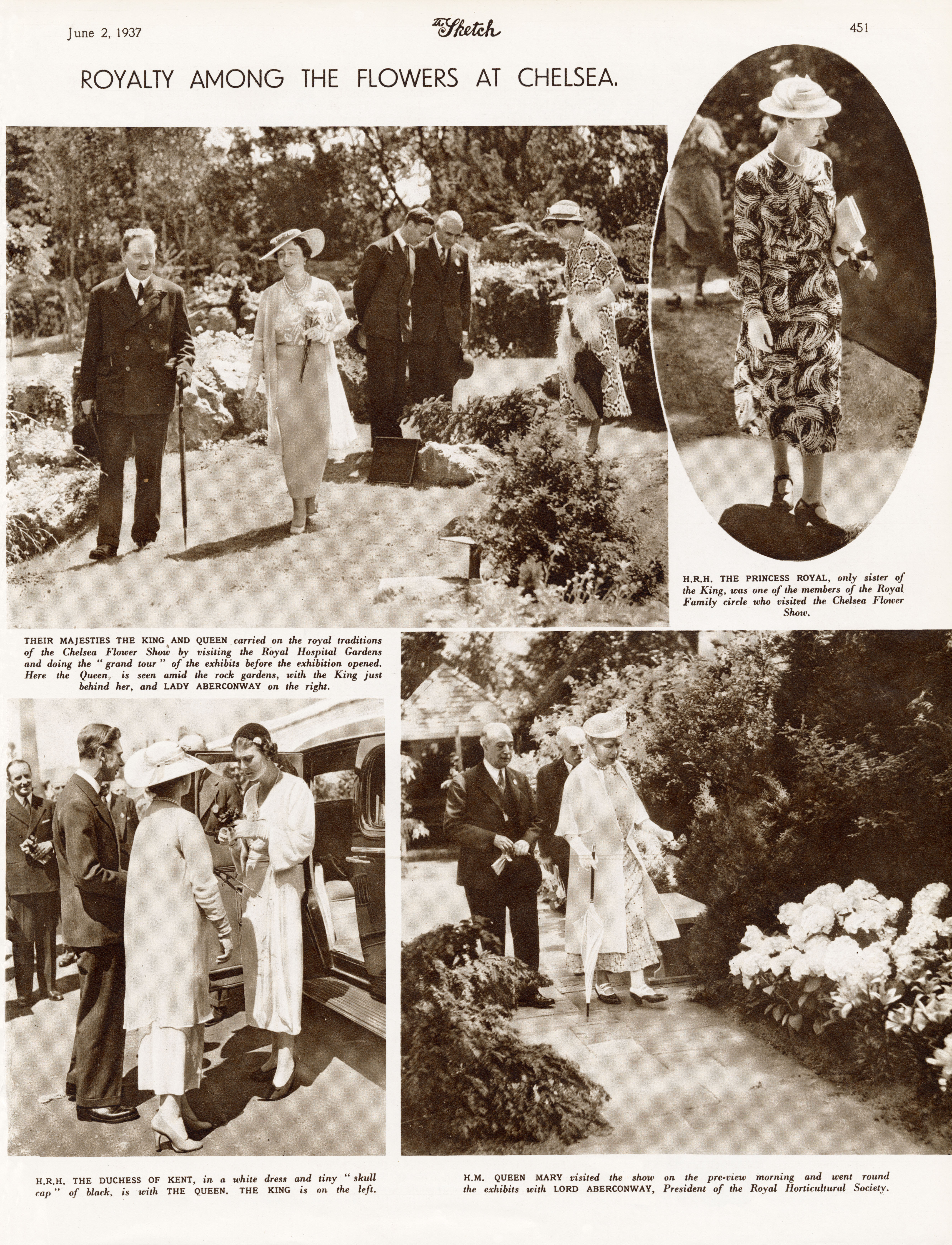 A page from a June 1937 issue of The Sketch displaying the Royal History of Chelsea Flower Show.