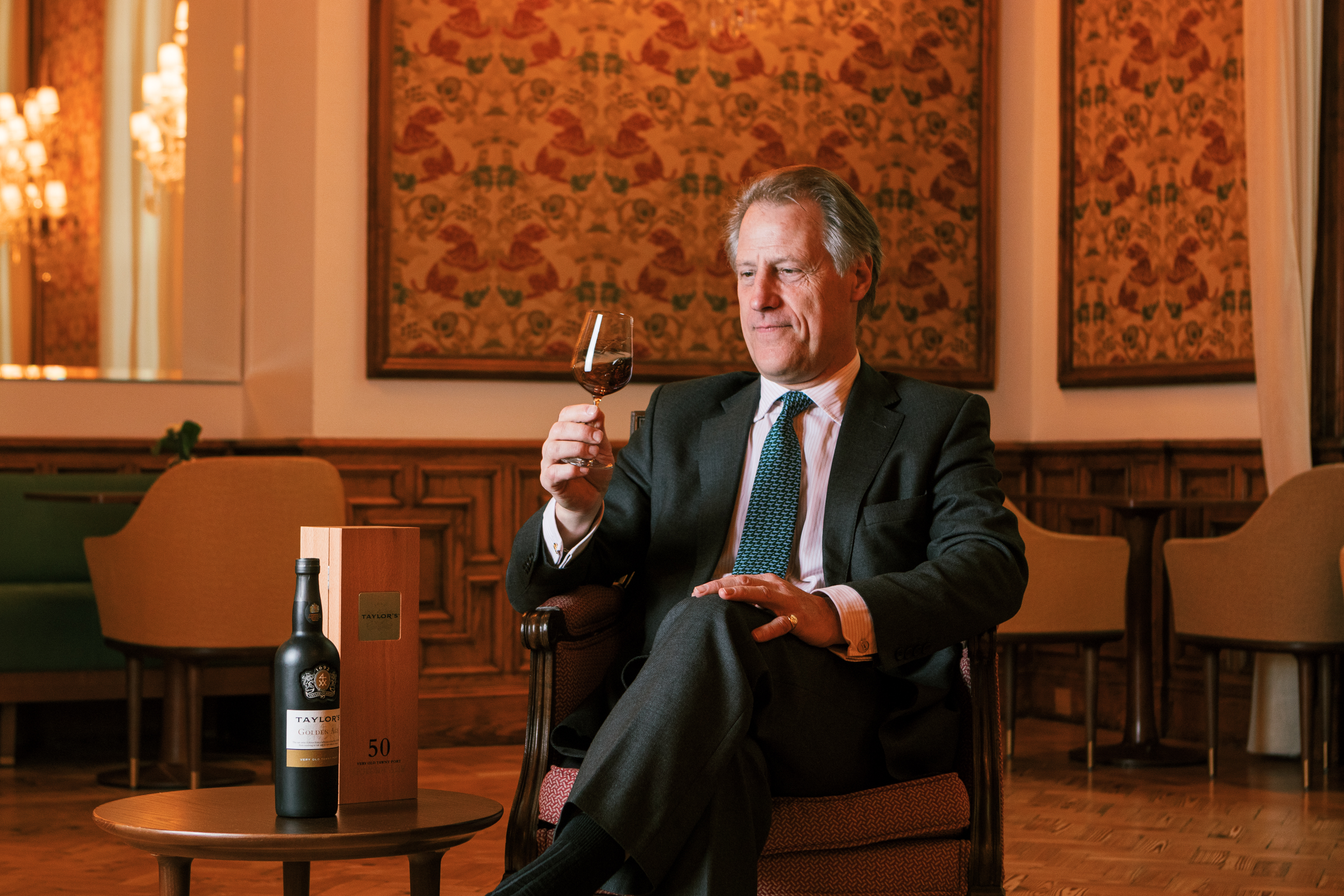 Adrian Bridge tasting a glass of Taylor's Golden Age 50-year-old Tawny Port.