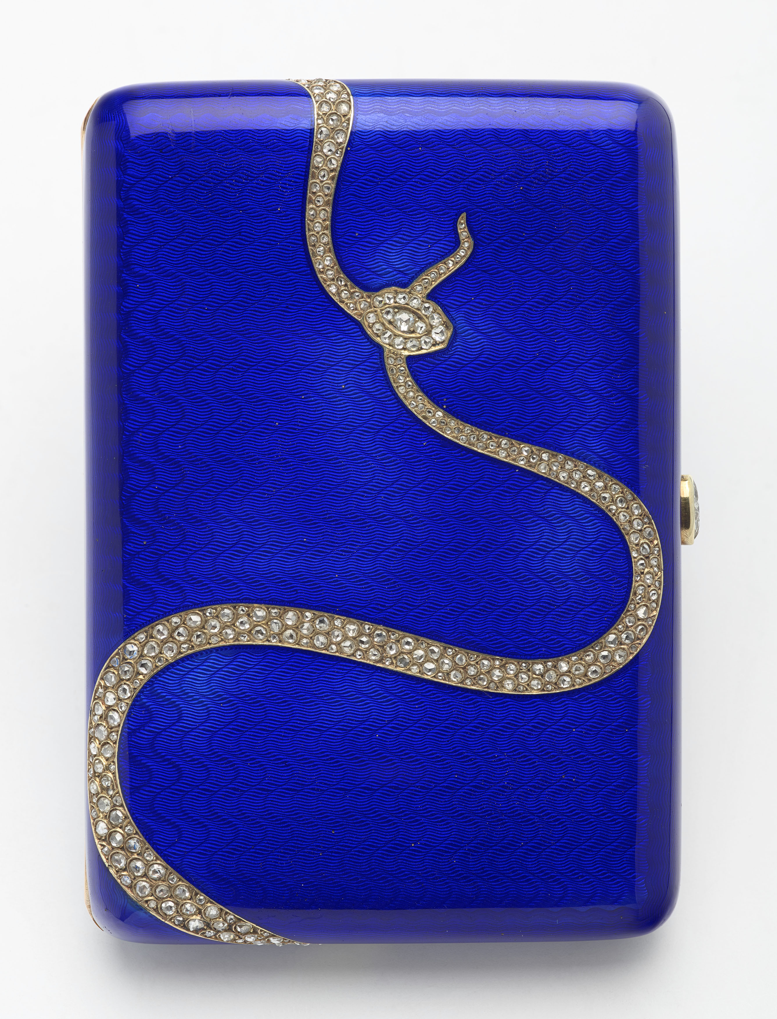 A blue enamel Fabergé cigarette case, part of The Edwardians at the King's Gallery.