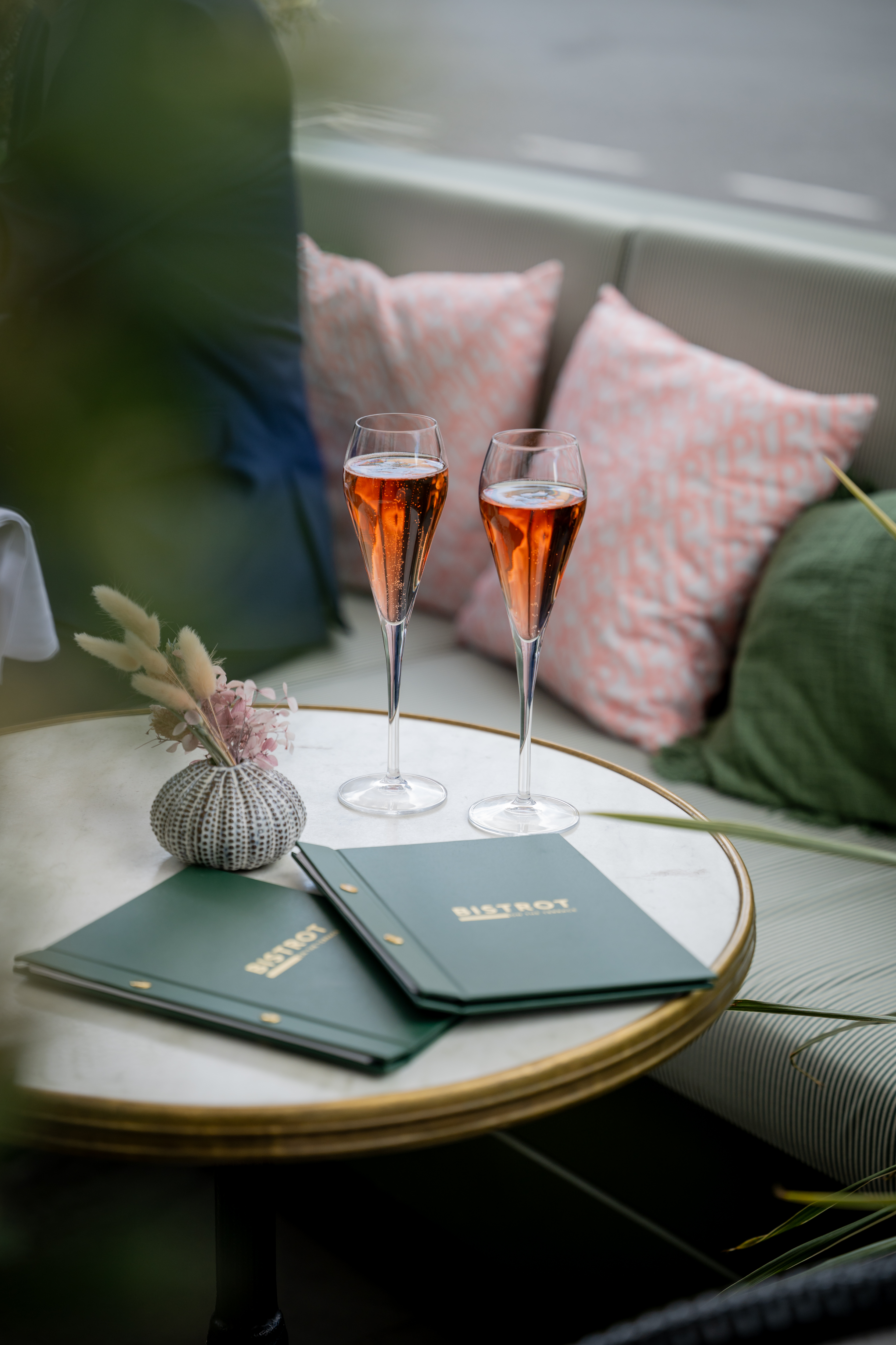 Glasses of champagne at Bistrot on the Terrace's cozy London summer terrace