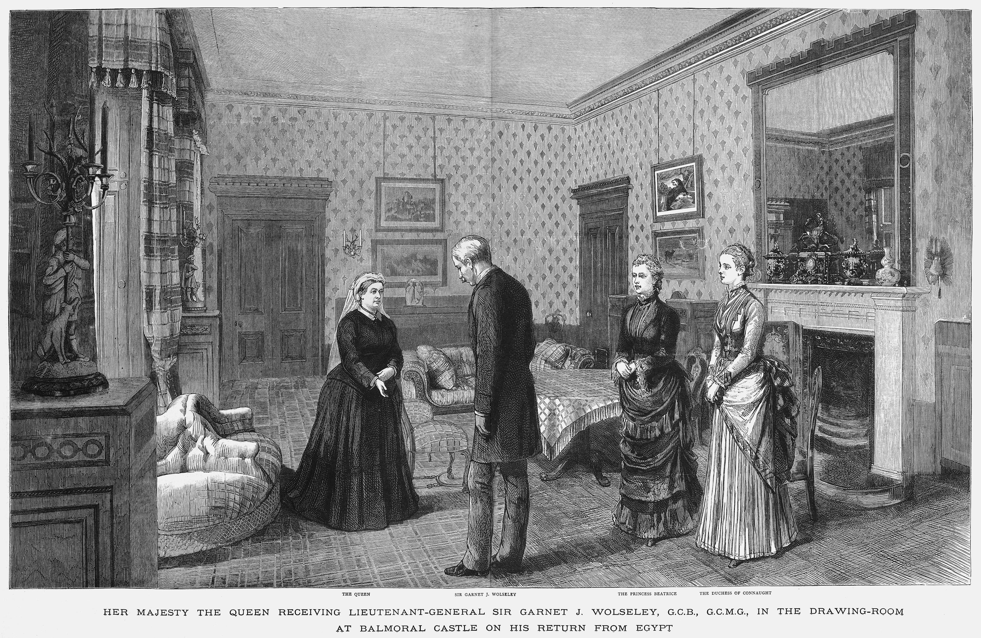 Engraving of Victoria seen in the drawing room at Balmoral Castle