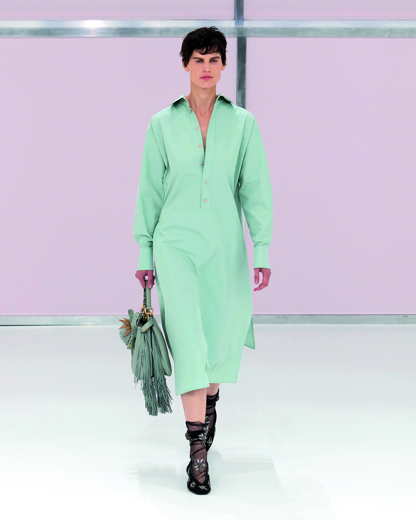 Blue dress at fashion house Fendi's SS25 runway show.