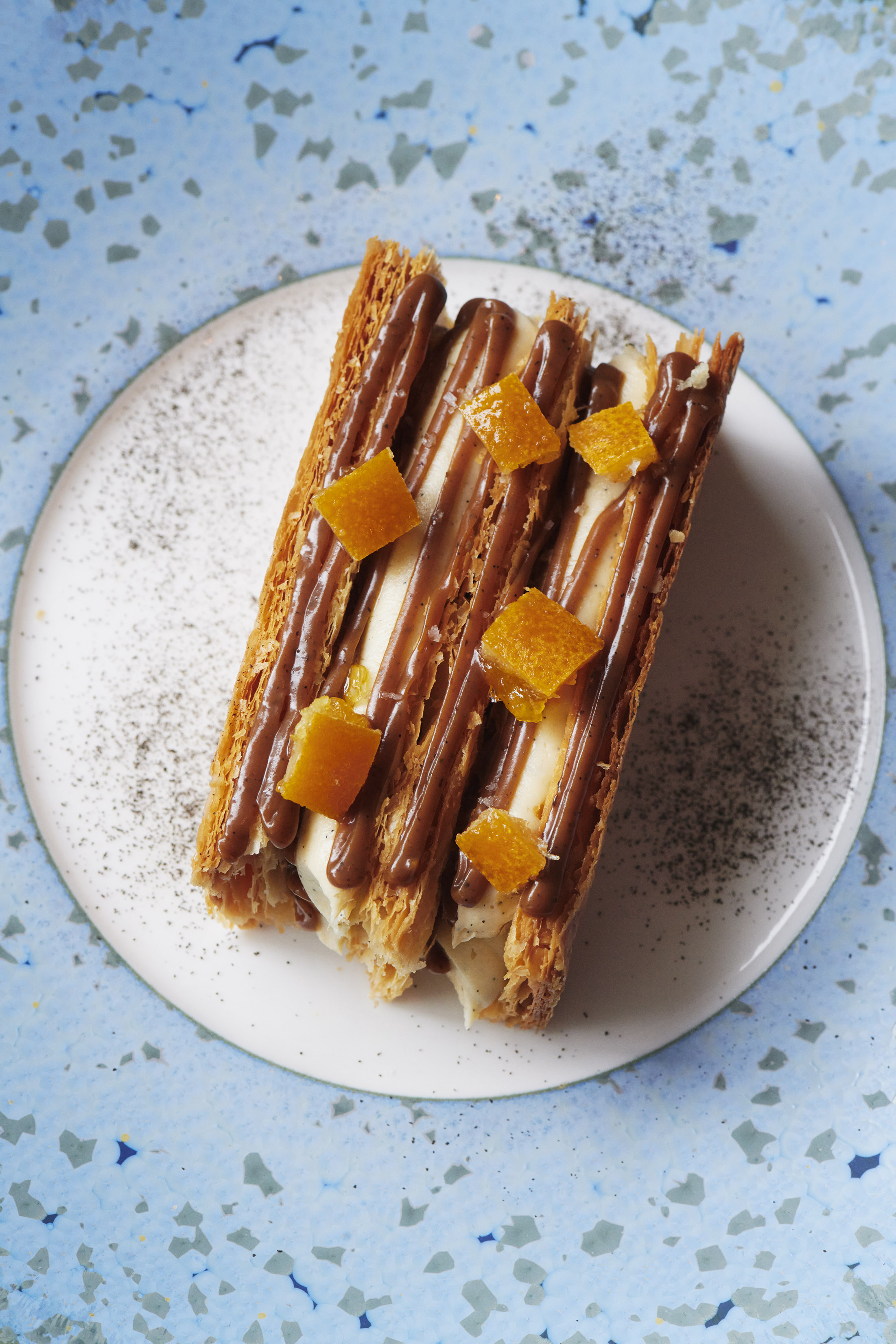 A layered dessert served by Yannick Alléno at Pavyllon.