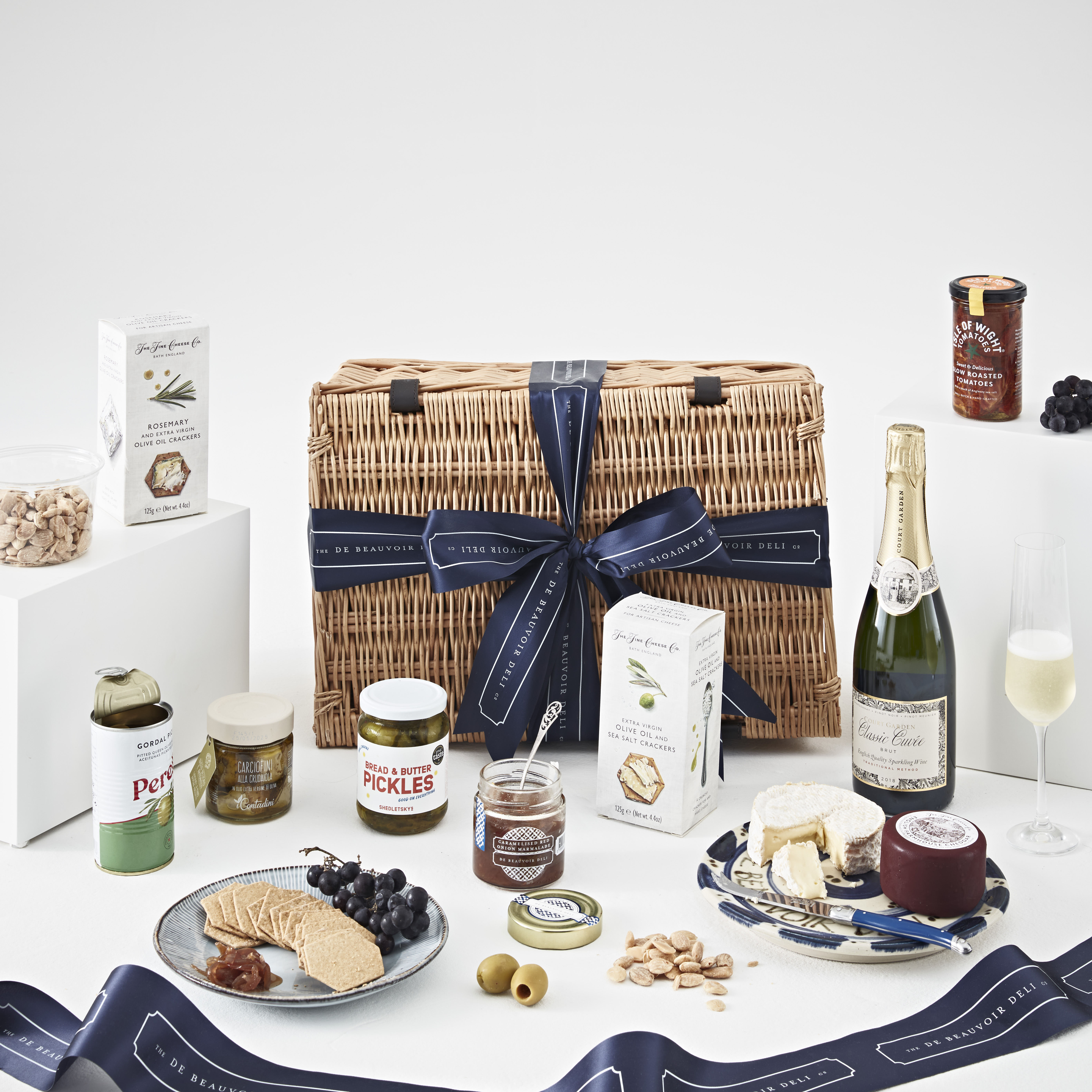 The luxury vegetarian hamper comes with champagne, olives and a host of cheeses.