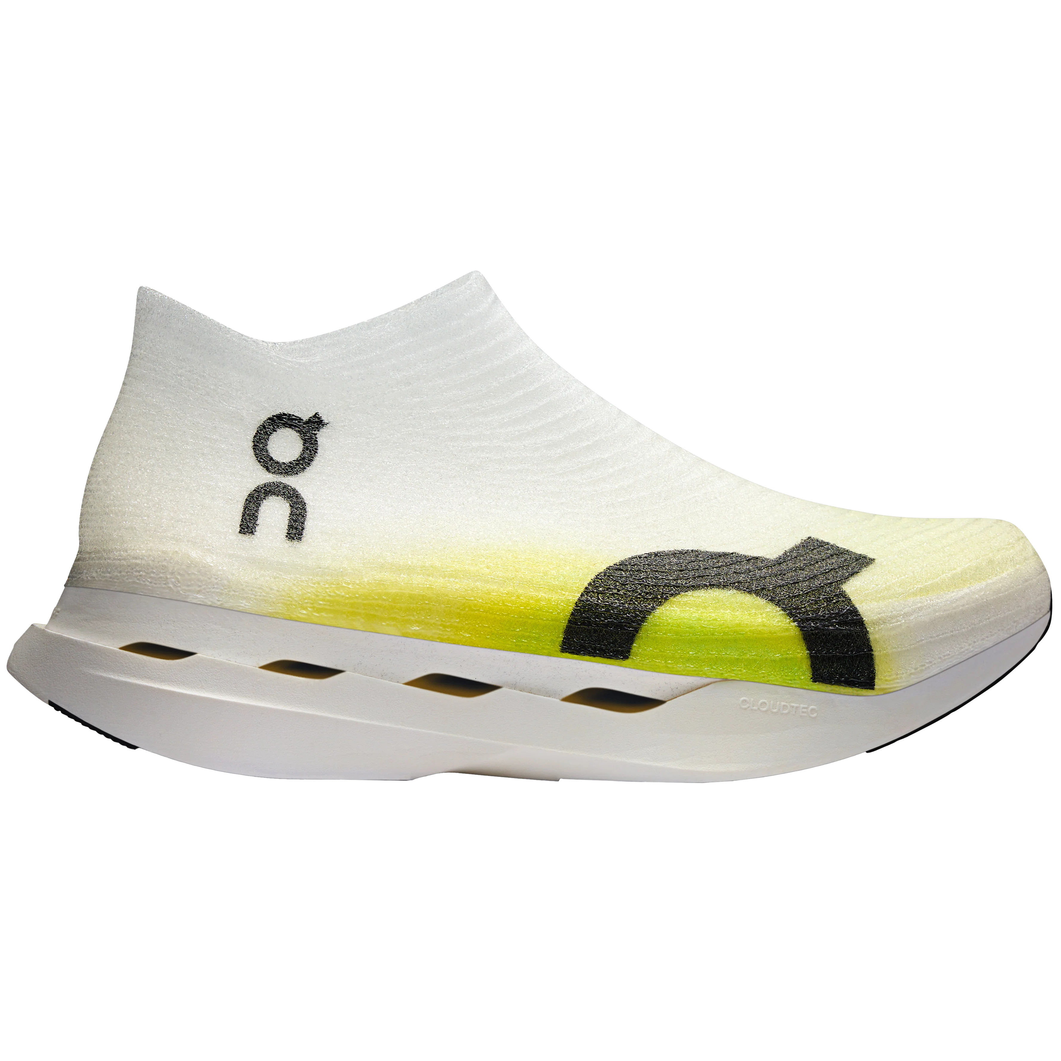 On's Cloudboom Strike light running shoe with neon and graphite details.