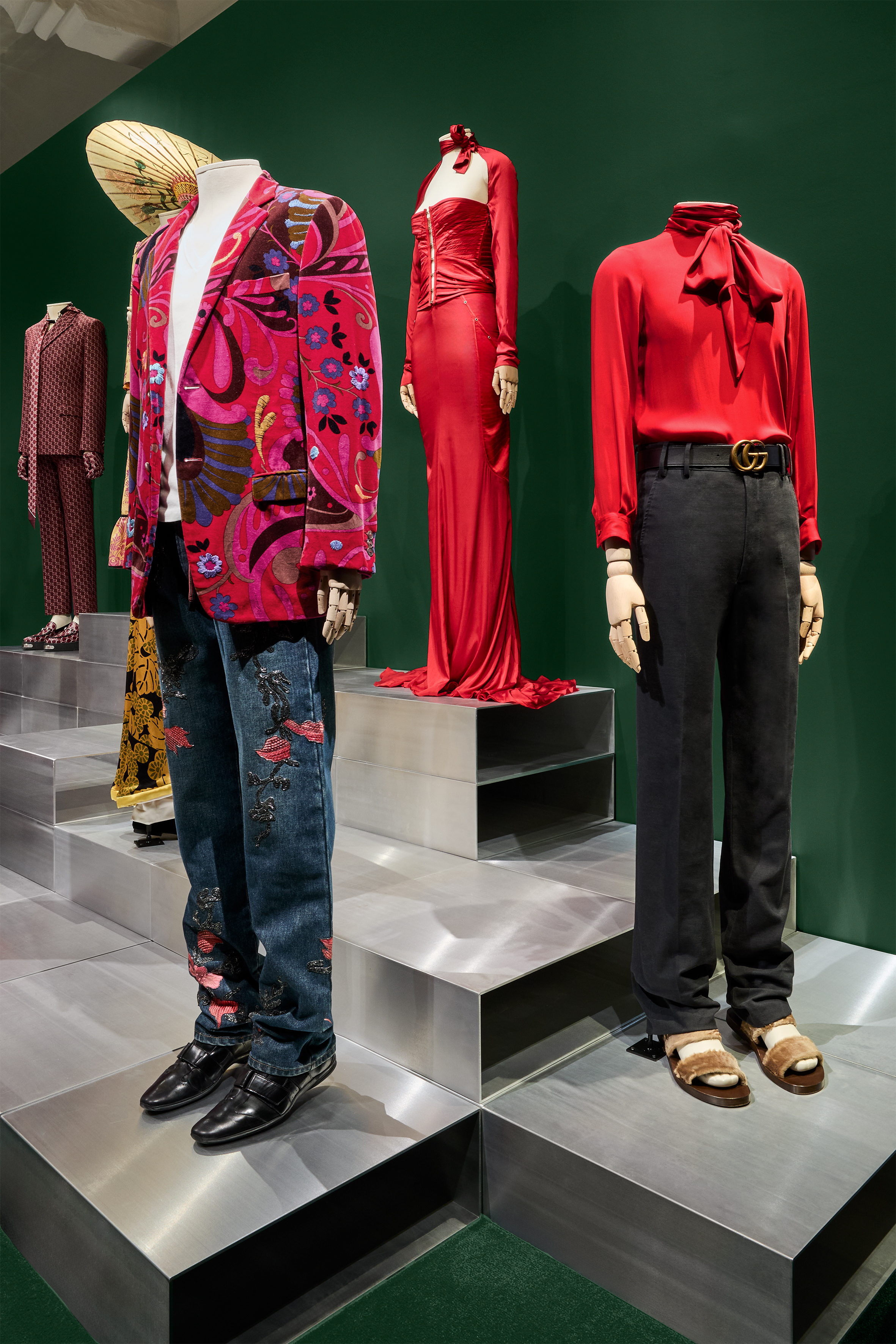 A display of Gucci pieces at The Tate - Fashion Museums.