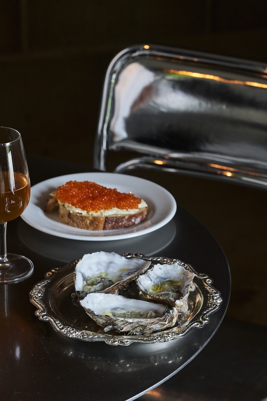 Oysters in London - Oysters and caviar on toast served at Noisy Oyster. 