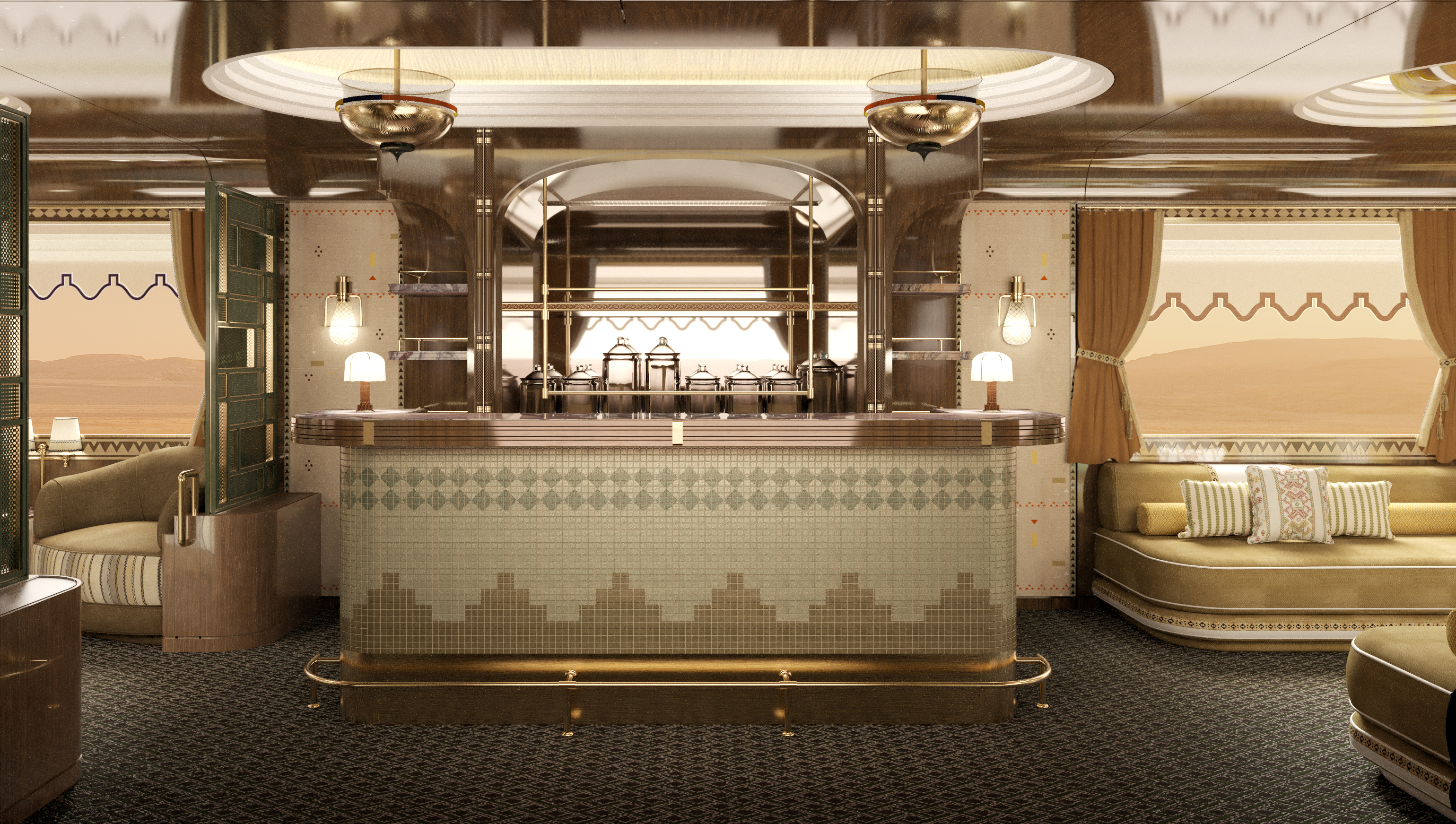 The lounge, a look into the world's most luxurious rail travel on Dream of the Desert.