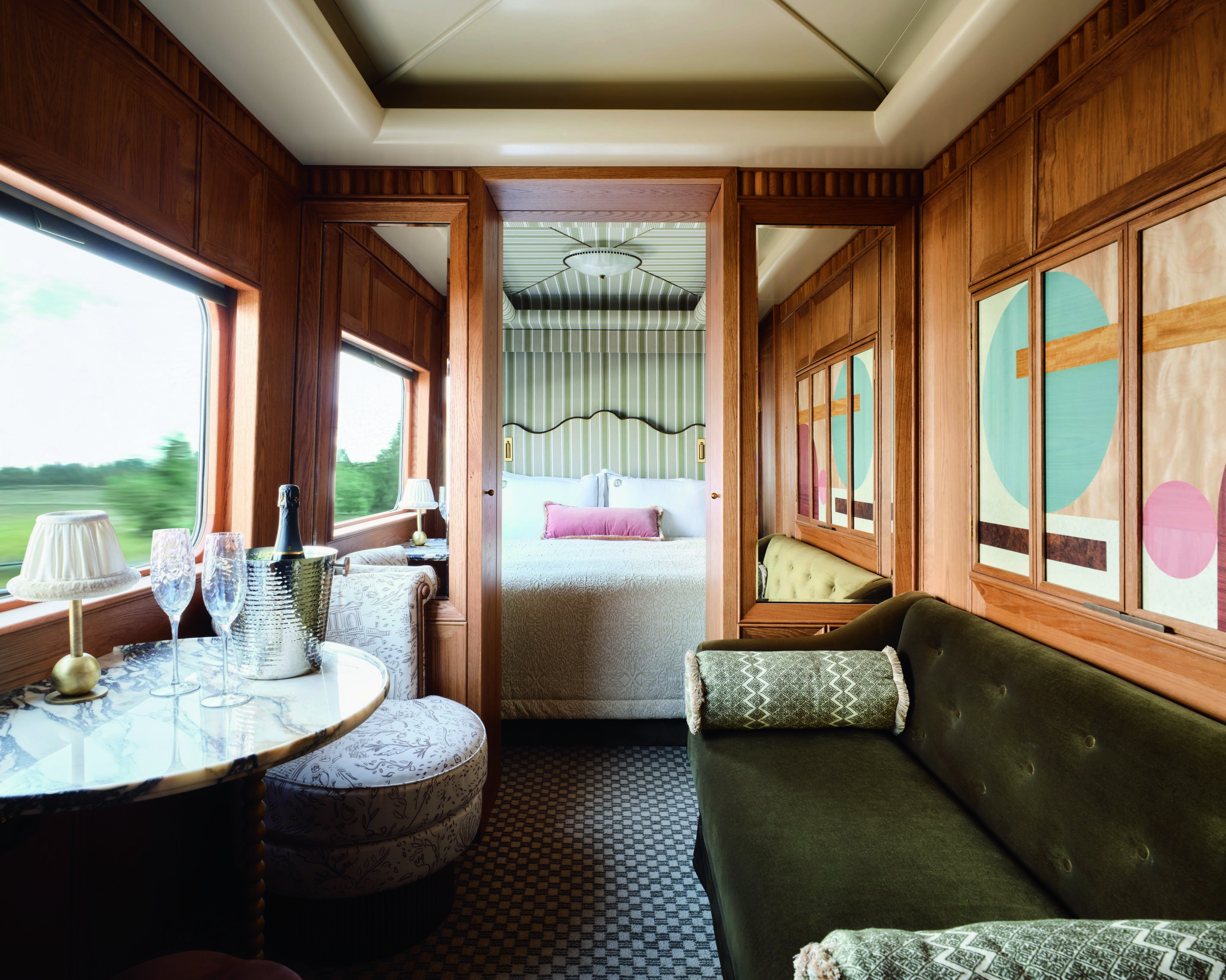 Furnishings inside the luxury rail travel, the Belmond Britannic Explorer.