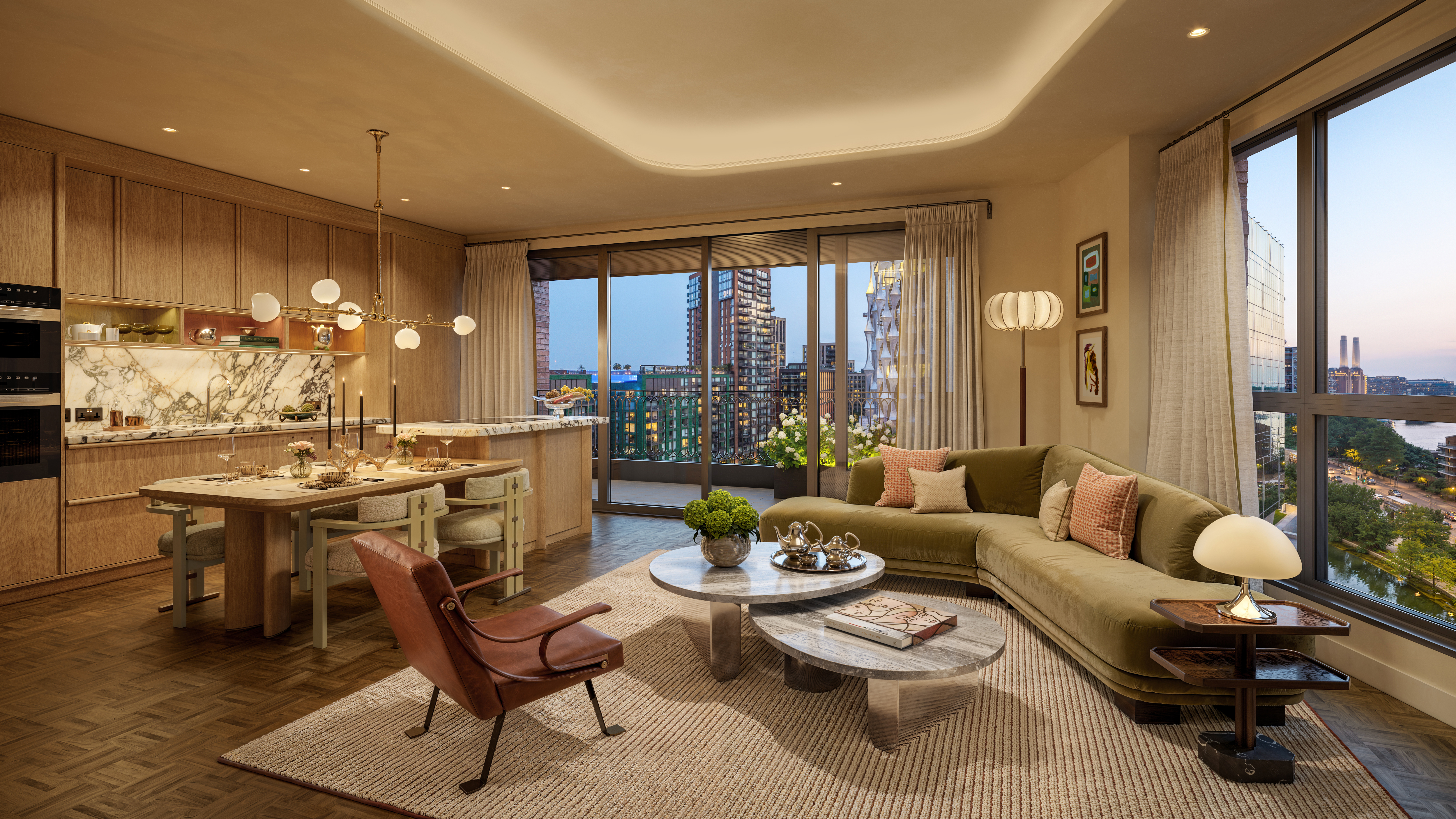 A living space and kitchen at The Capston Nine Elms.