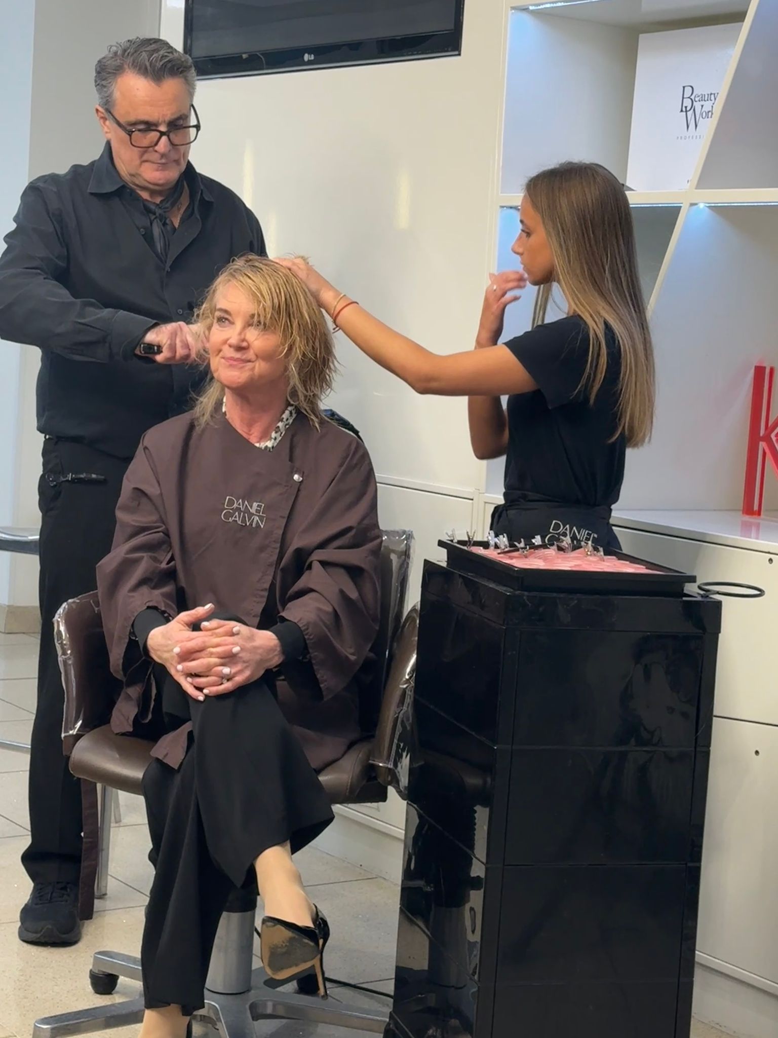 Red Carpet Hair at Daniel Galvin - Lino and Olivia blow drying Anthea's hair. 