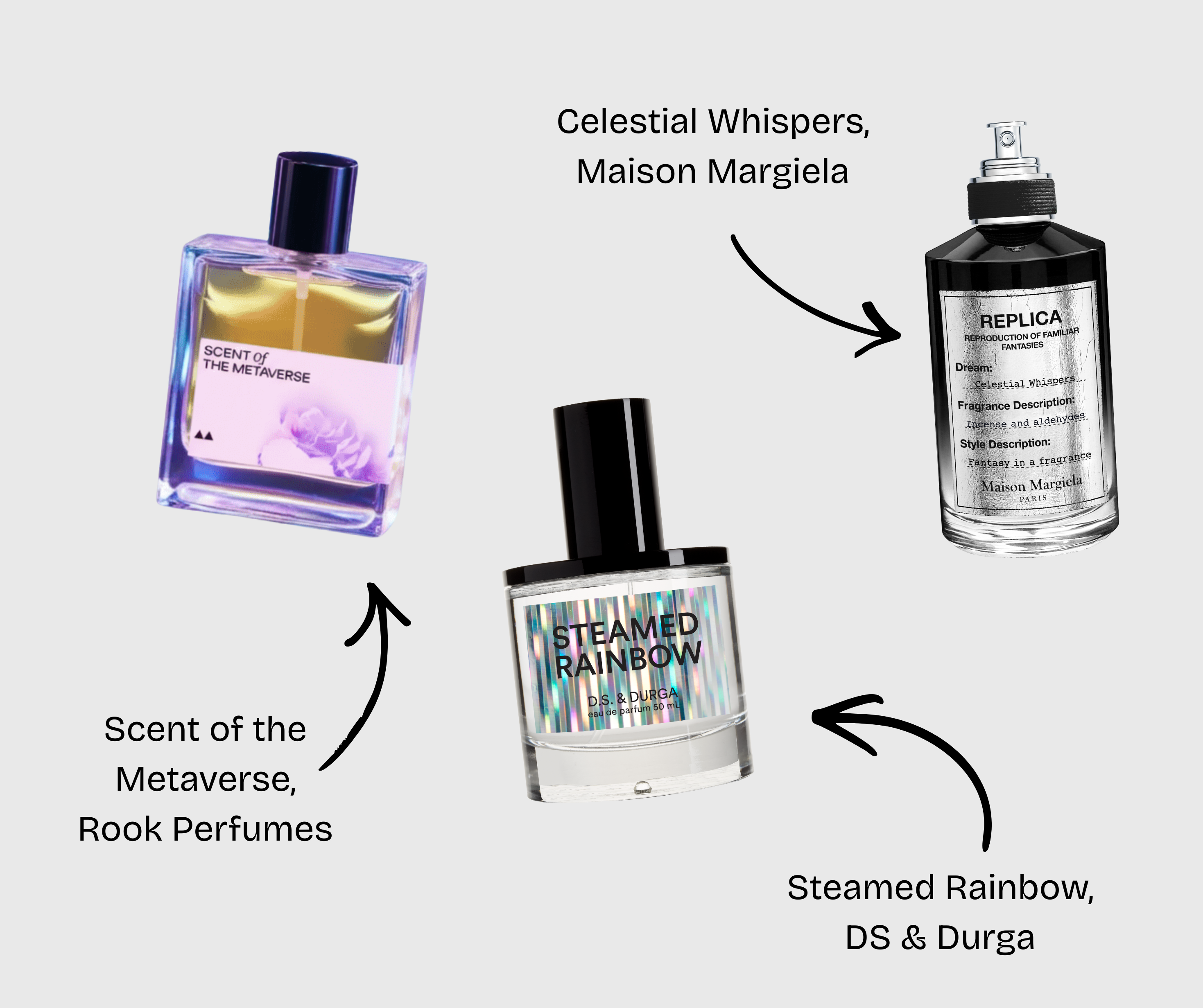 Three metallic perfumes graphic.