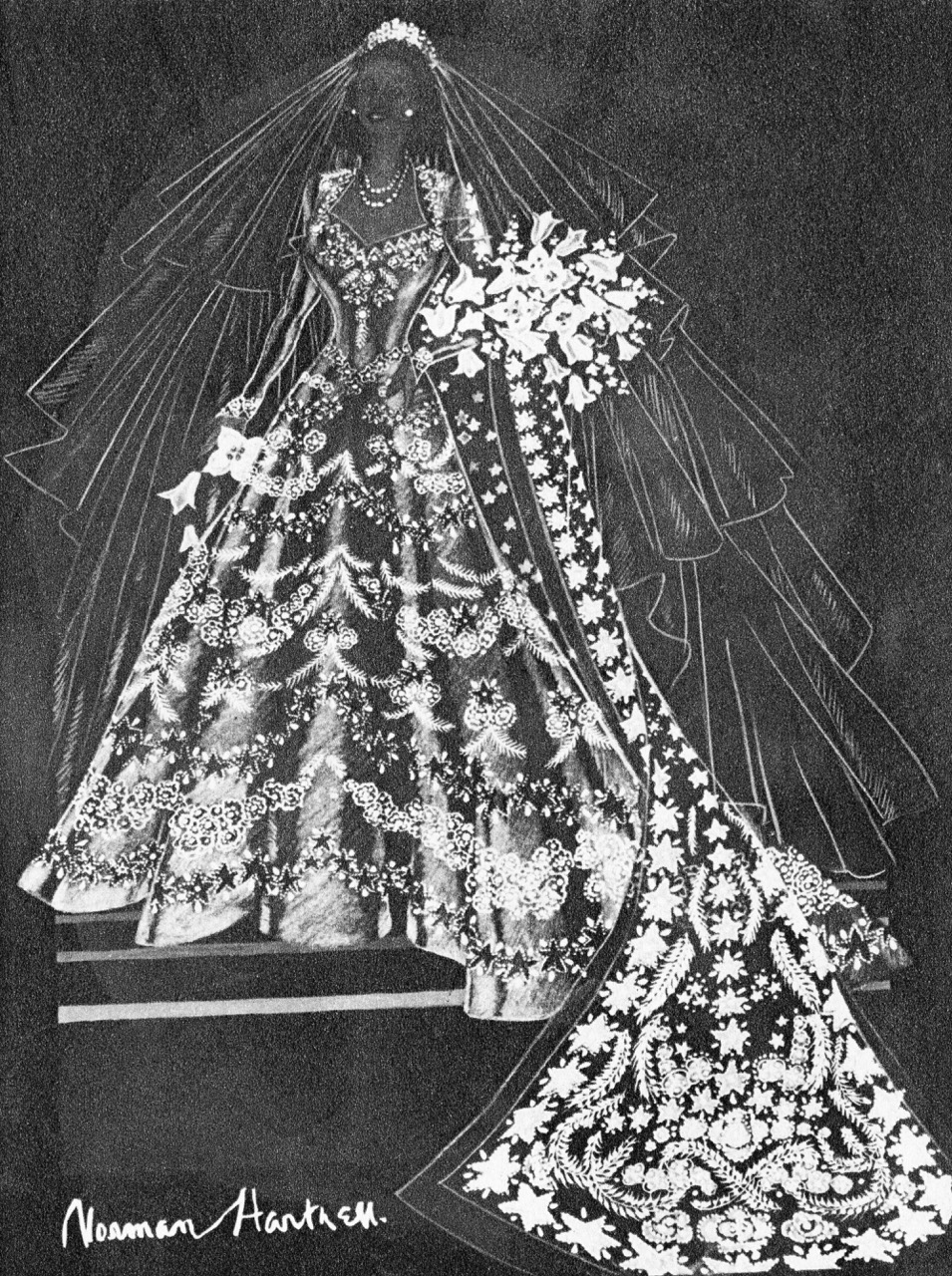 Royal Fashion sketches present delicate drawings of sequinned gowns.