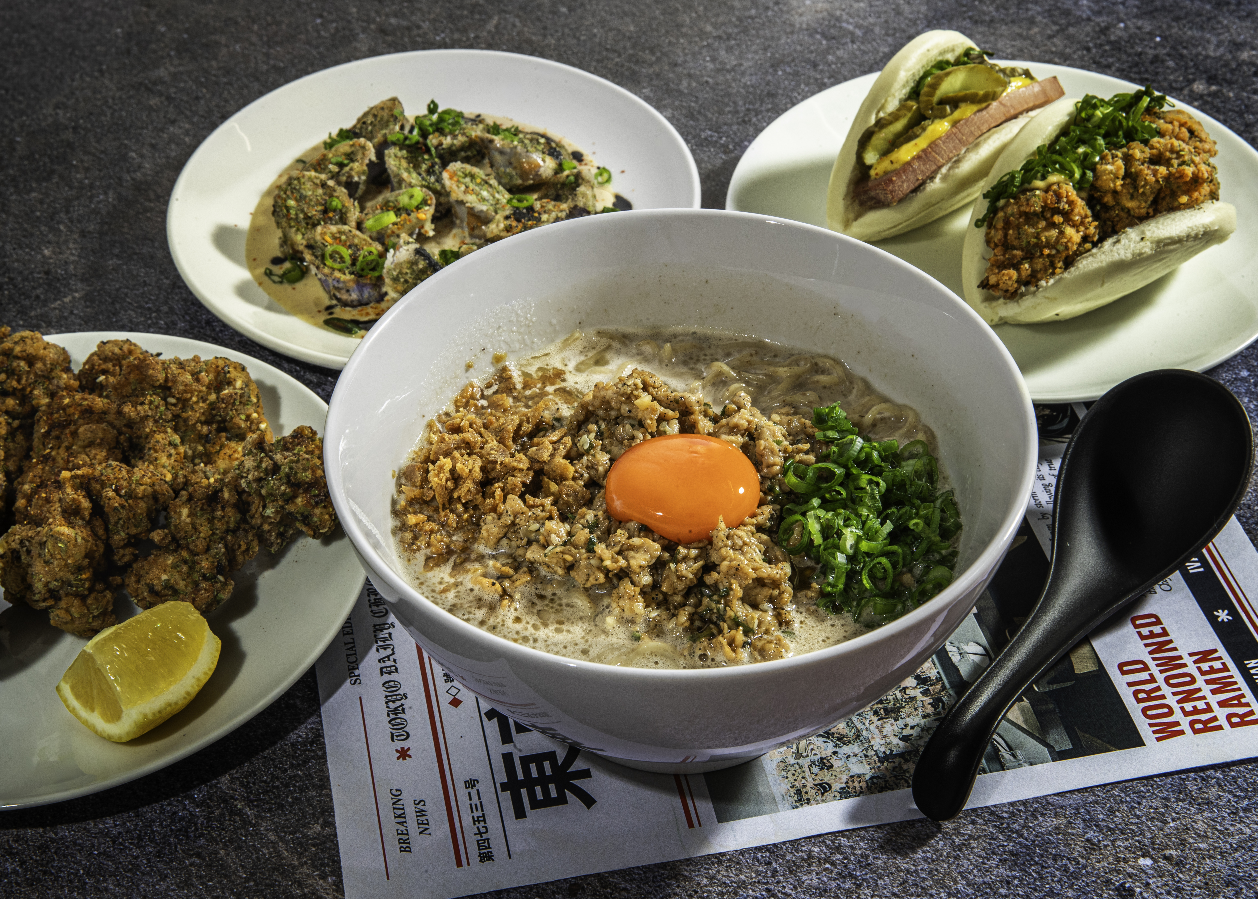 A selection of food from Ivan Ramen. 