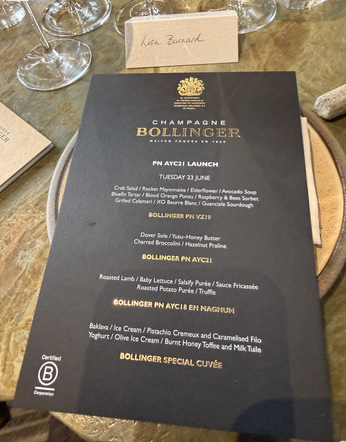 Menu, Bollinger. 