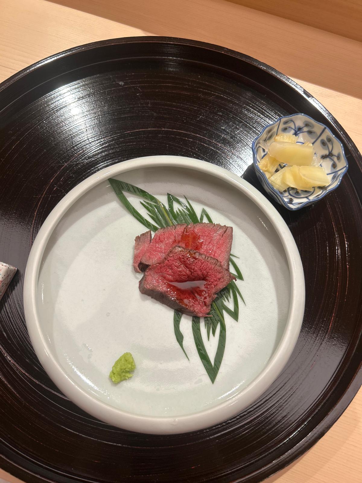 best sushi in london - roast Kobe beef at Sushi Kanesaka. 