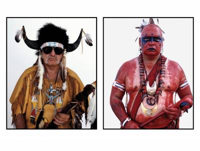 Left: Harvest, who calls himself a Shawakan, meaning “raised to be a Holy Man”, is a Christian minister who wants to raise awareness of Native culture Right: Sonny, a Cherokee dancer wearing ceremonial face and body paint for his performance at the annual American Indian Arts Celebration. Face and body painting was traditionally used to mark special ceremonies and before entering battle 52005-2