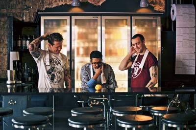 Lain Griffiths, Ryan Chetiyawardana and Robin Honhold at White Lyan in East London. Through his consultancy, Ryan has developed bespoke carbonated cocktails for Sodastream White-Lyan