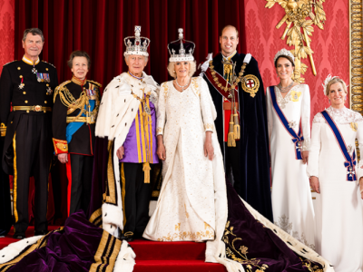 Coronation review of King Charles and Royal Family at Buckingham Palace on Coronation Day official ohoto 