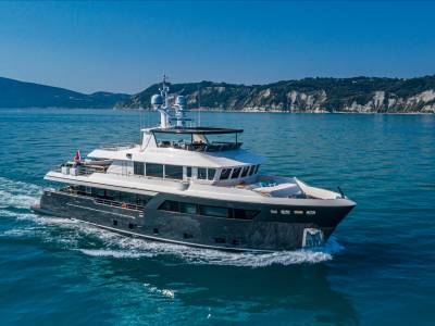 One of Cantiere delle Marche's silent superyachts, moving through turquoise waters.