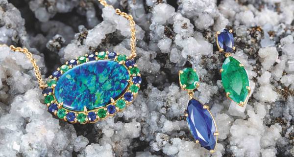Black opal, emerald and sapphire pendant and earrings