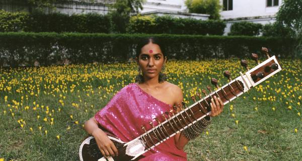 Pink sequin sari