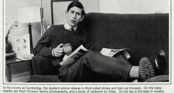 Prince Charles reading Illustrated London News at Cambridge University