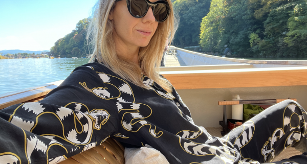 Em Prové, Luxury Textile Designer - wearing Olivia Von Halle print