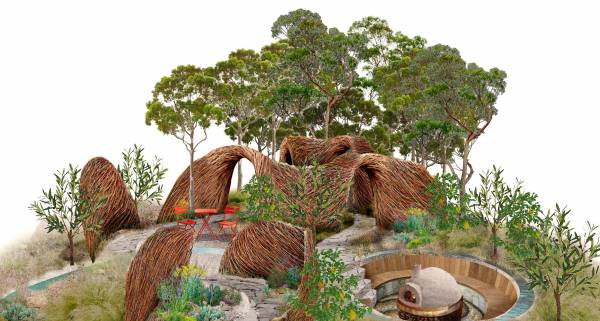 The Freedom from Torture Garden- A CGI of trees and bark bridges in a garden