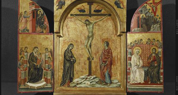 Siena at The National Gallery - Triptych with the Crucifixion, Saint Nicholas, Saint Clement and the Redeemer with Angels by Duccio. This is a triptych depicting the crucifixion of Jesus in the centre. The side panels show scenes of the Annunciation and a group of angels.